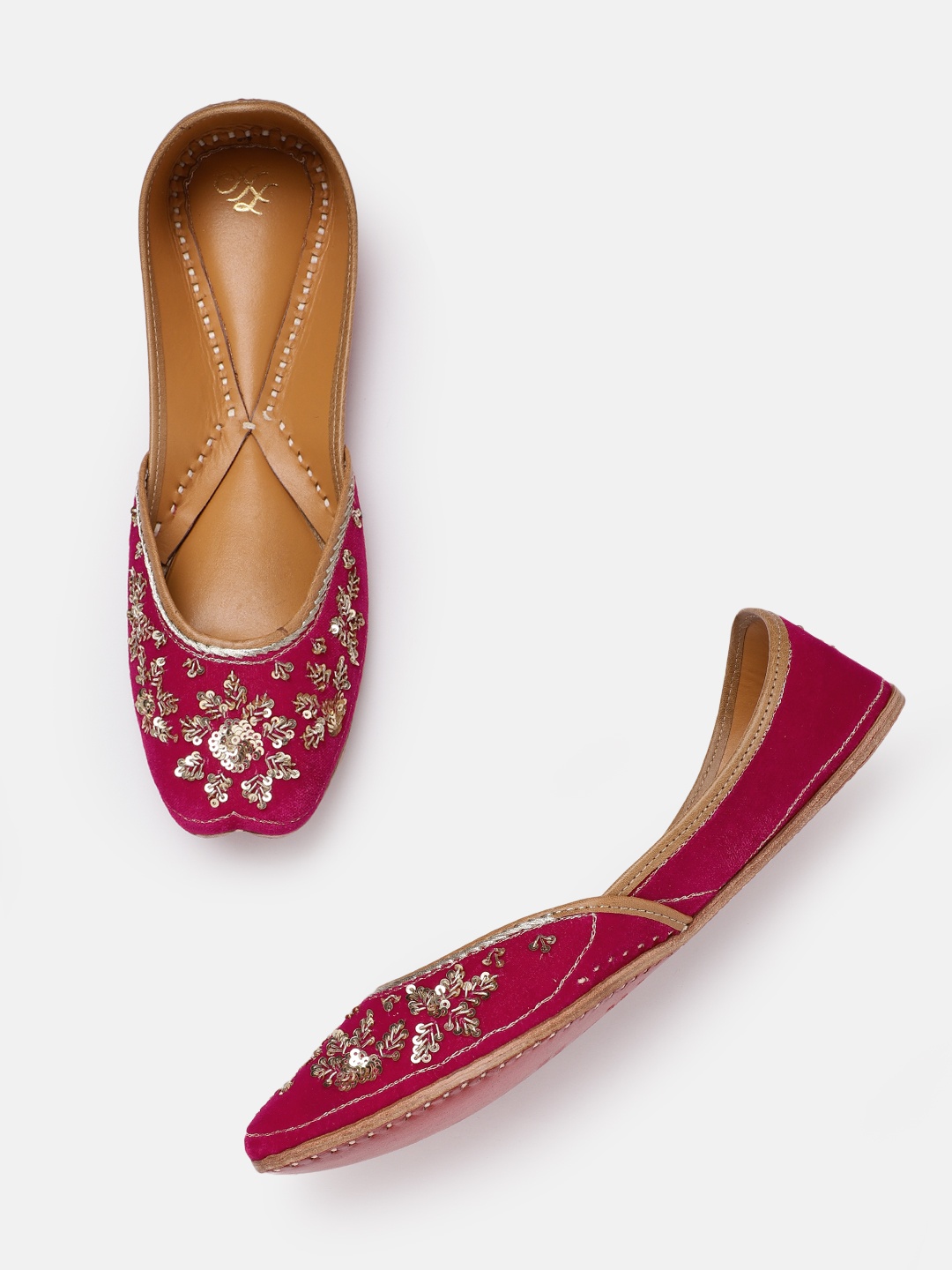 

House of Pataudi Women Pink & Gold-Toned Embellished Leather Handcrafted Mojaris