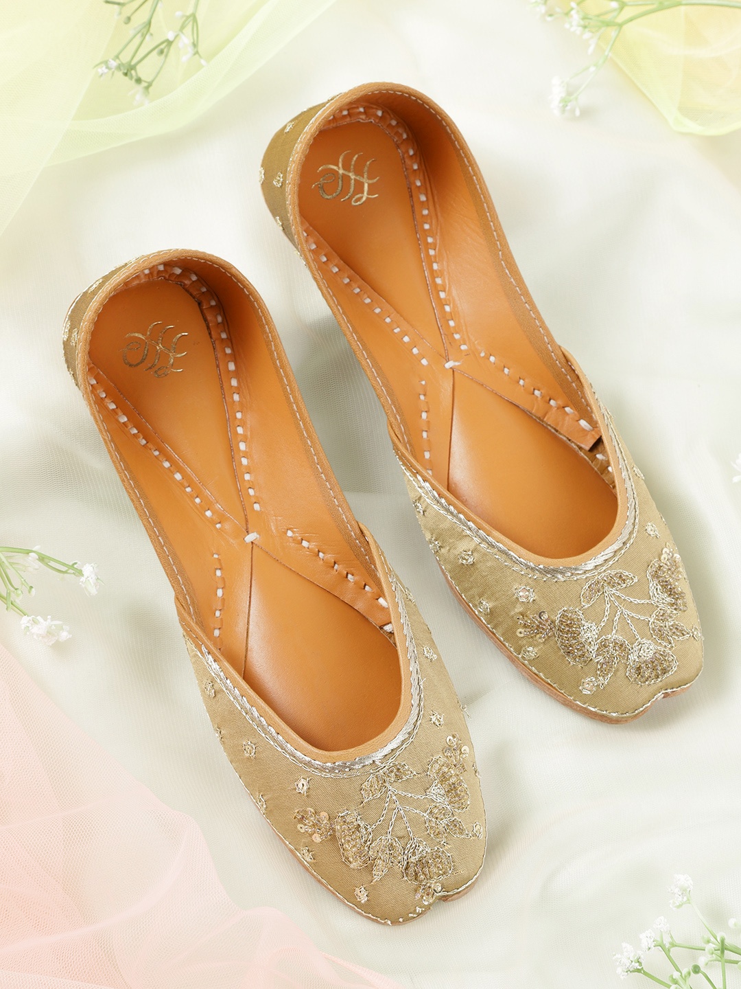 

House of Pataudi Women Beige & Gold-Toned Embellished Leather Handcrafted Mojaris