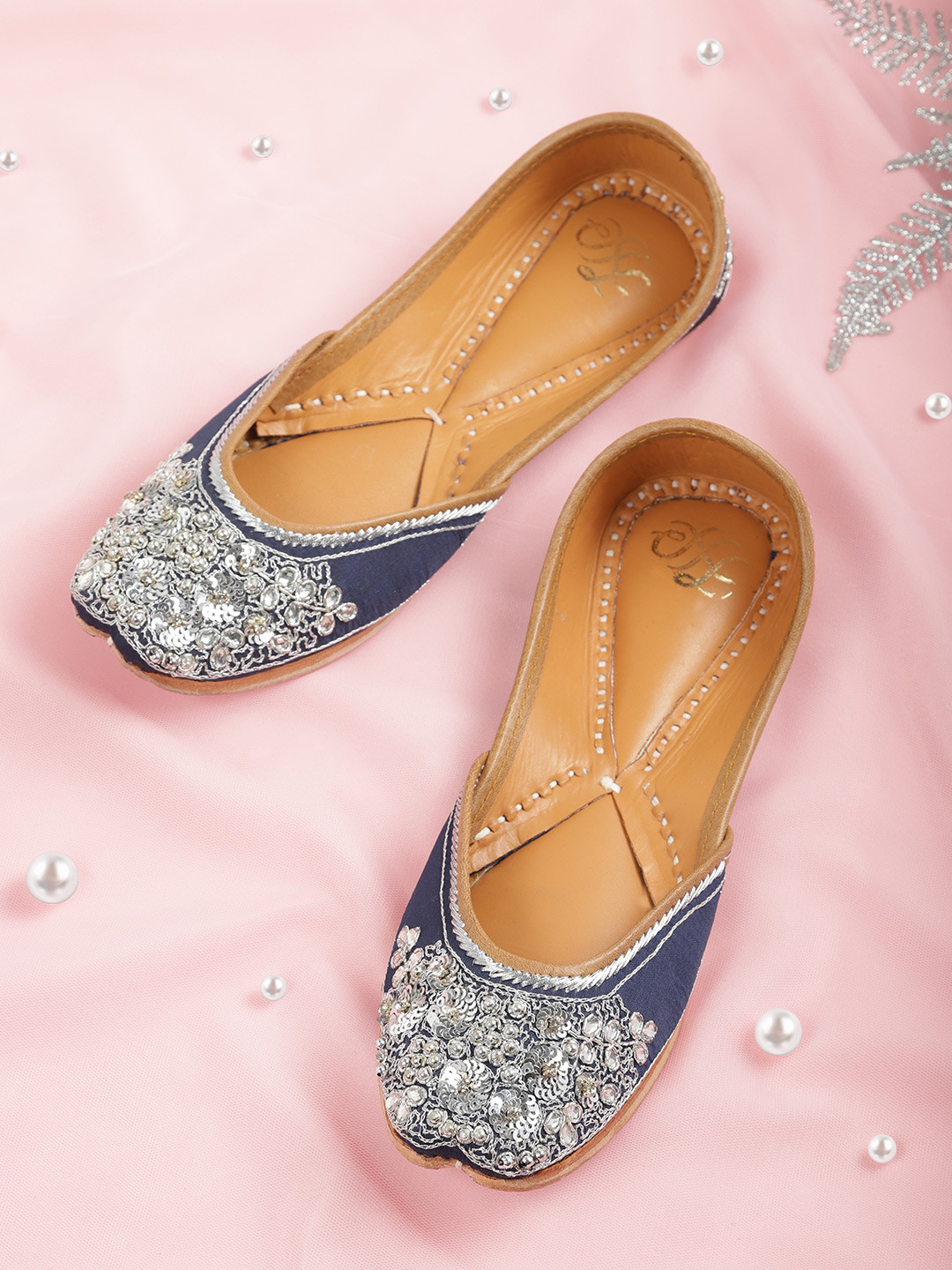 

House of Pataudi Women Navy Blue & Silver Embellished Handcrafted Mojaris