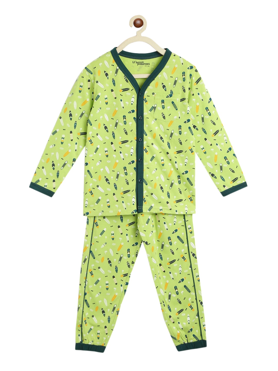 

Lil Tomatoes Boys Green & Multicoloured Printed Night Suit