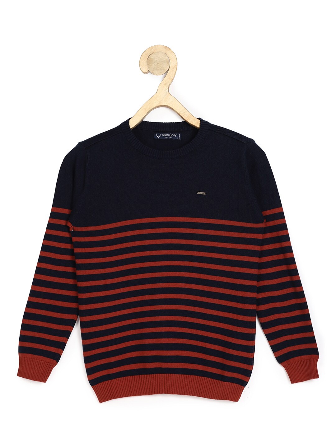 

Allen Solly Junior Boys Navy Blue & Maroon Striped Cotton Pullover