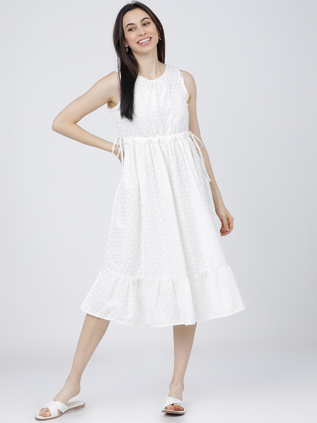 

Tokyo Talkies Women Off White Embroidered Gathered Midi Dress