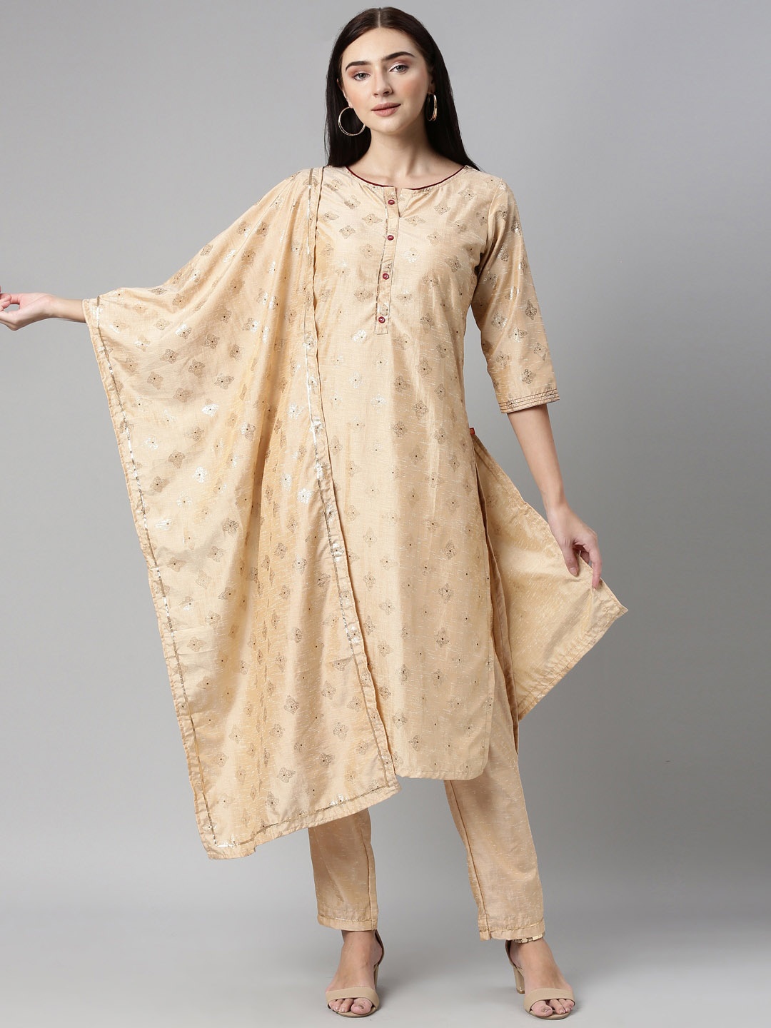 

Alena Women Beige Ethnic Motifs Printed Kurta with Trousers & With Dupatta