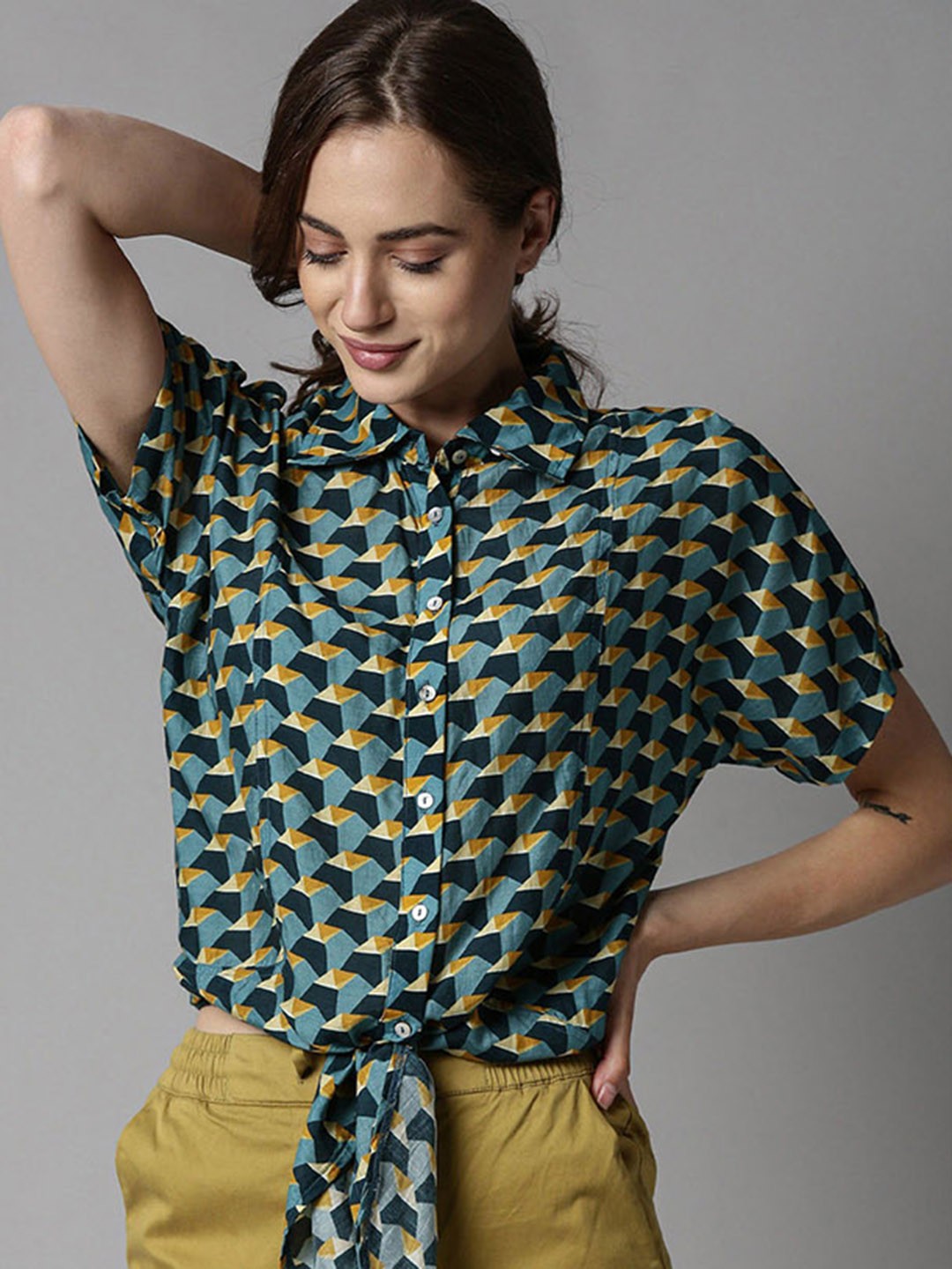 

RAREISM Blue Geometric Printed Shirt Style Top With Tie-Up