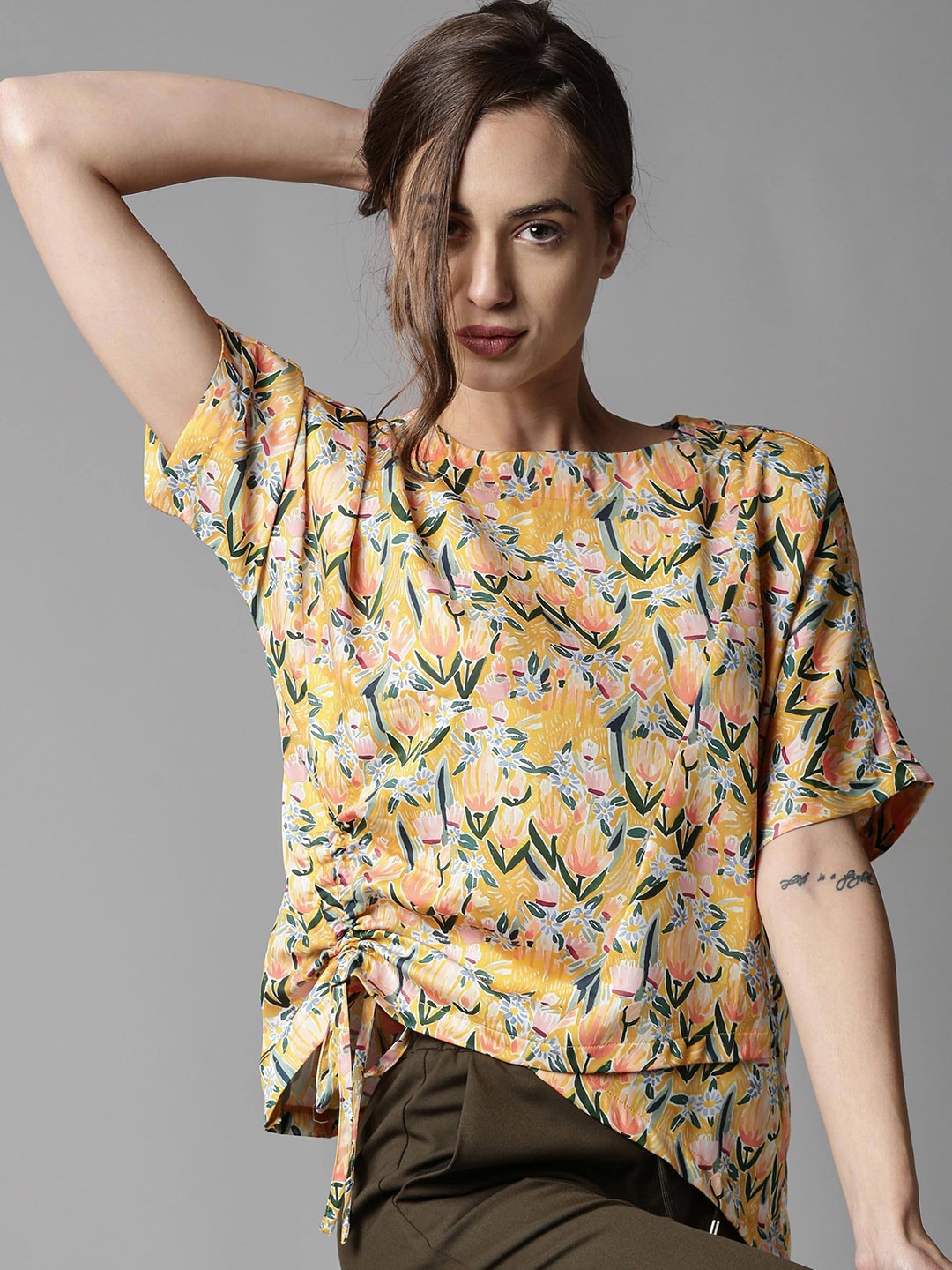 

RAREISM Yellow & Green Floral Printed Extended Sleeves Regular Top
