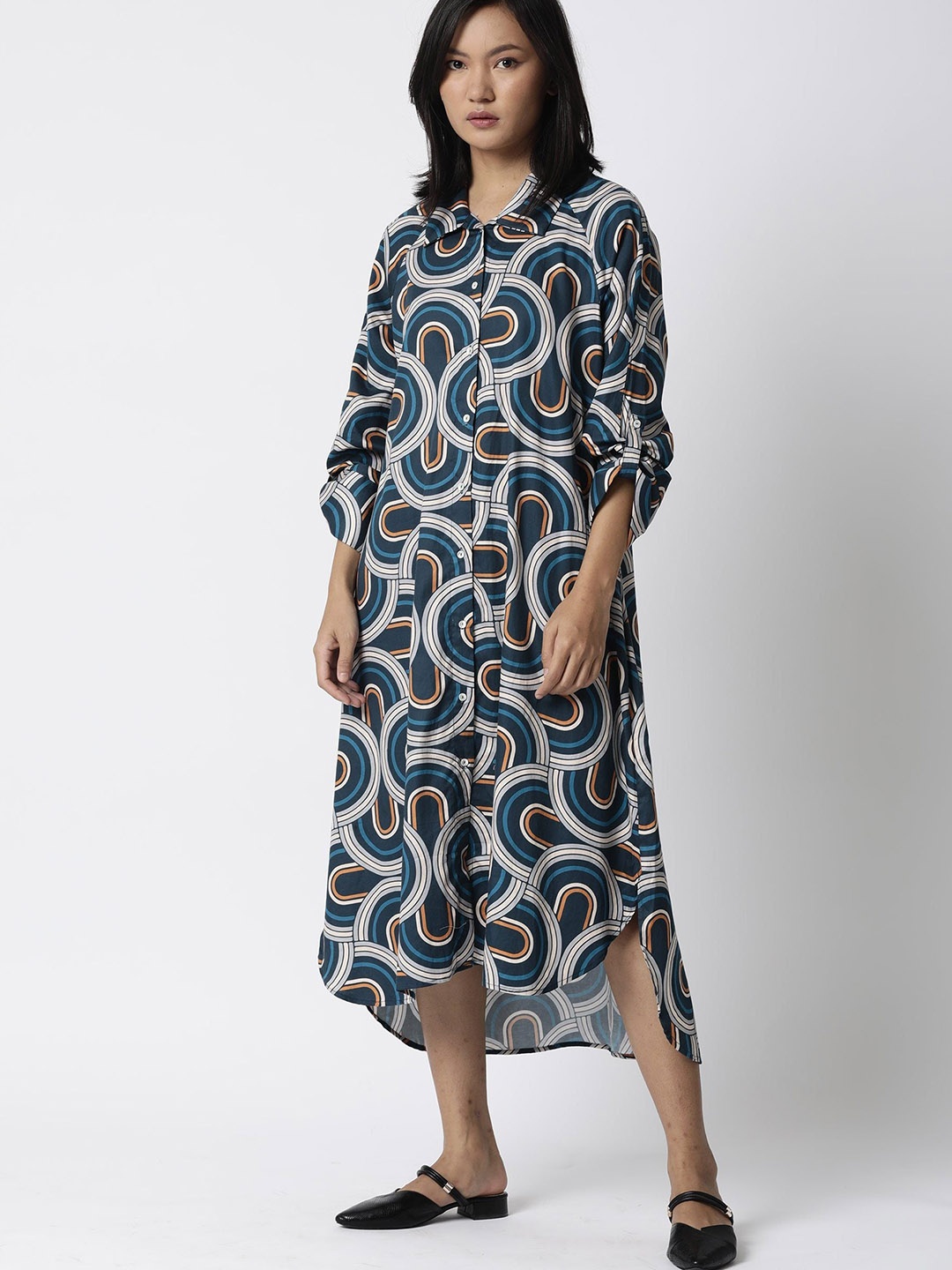 

RAREISM Women Blue Shirt Printed Midi Dress
