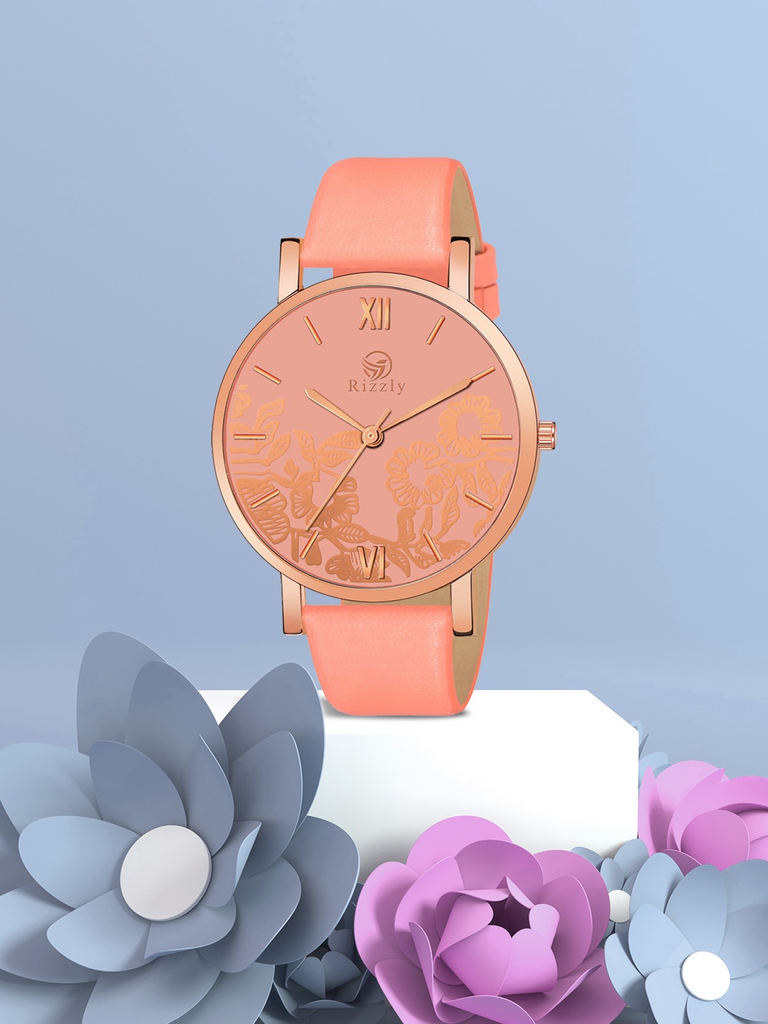 

Rizzly Girls Peach Coloured Brass Printed Dial & Neon Orange Leather Straps Analogue Watch