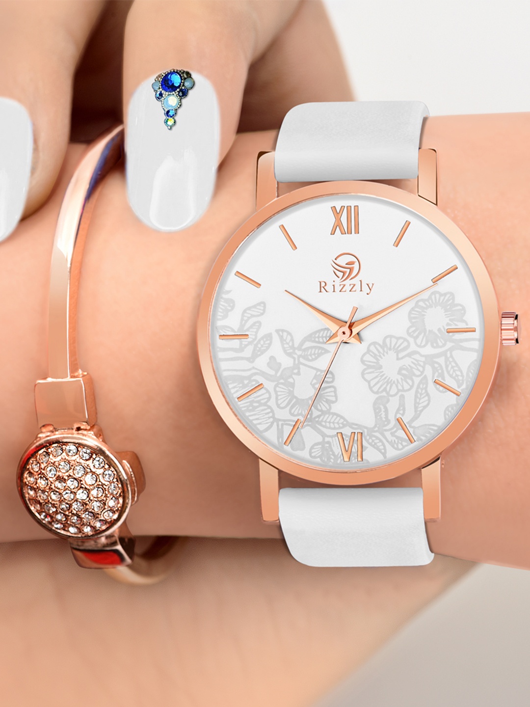 

Rizzly Girls White Brass Dial & White Leather Straps Analogue Watch
