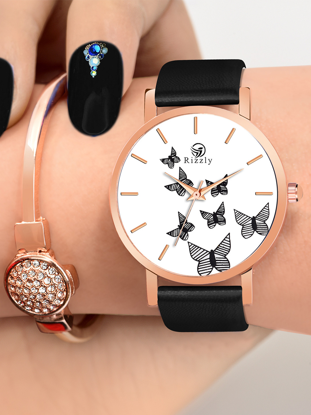 

Rizzly Girls Black Brass Printed Dial & Black Leather Straps Analogue Watch RZ-120-Black
