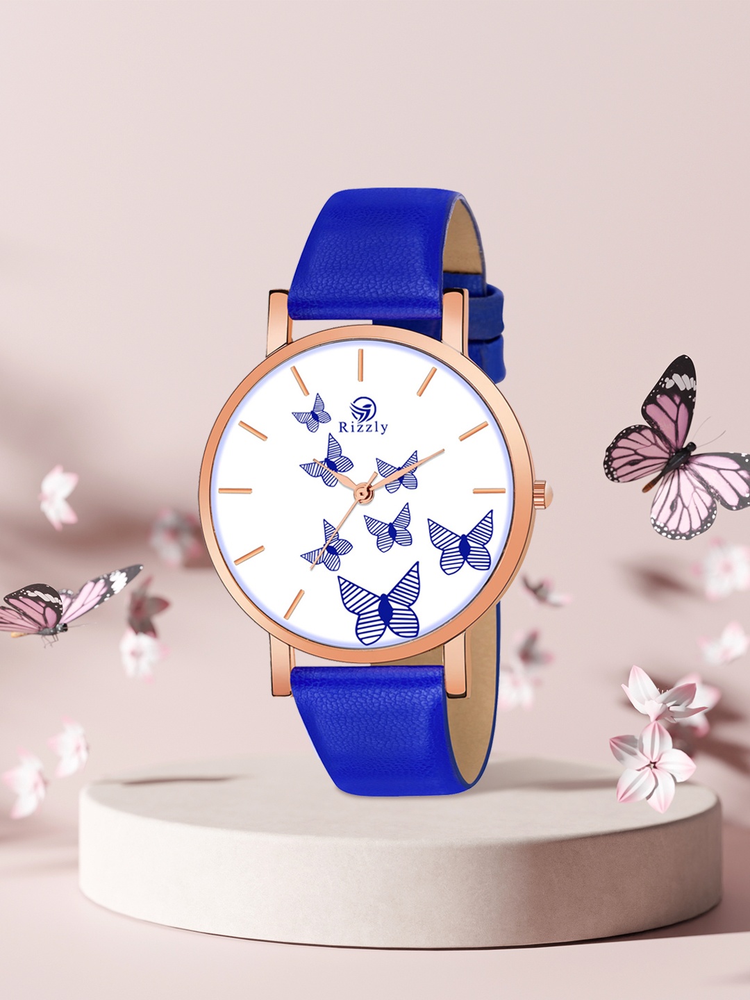

Rizzly Girls Blue Brass Printed Dial & Blue Leather Straps Analogue Watch RZ-120-Blue