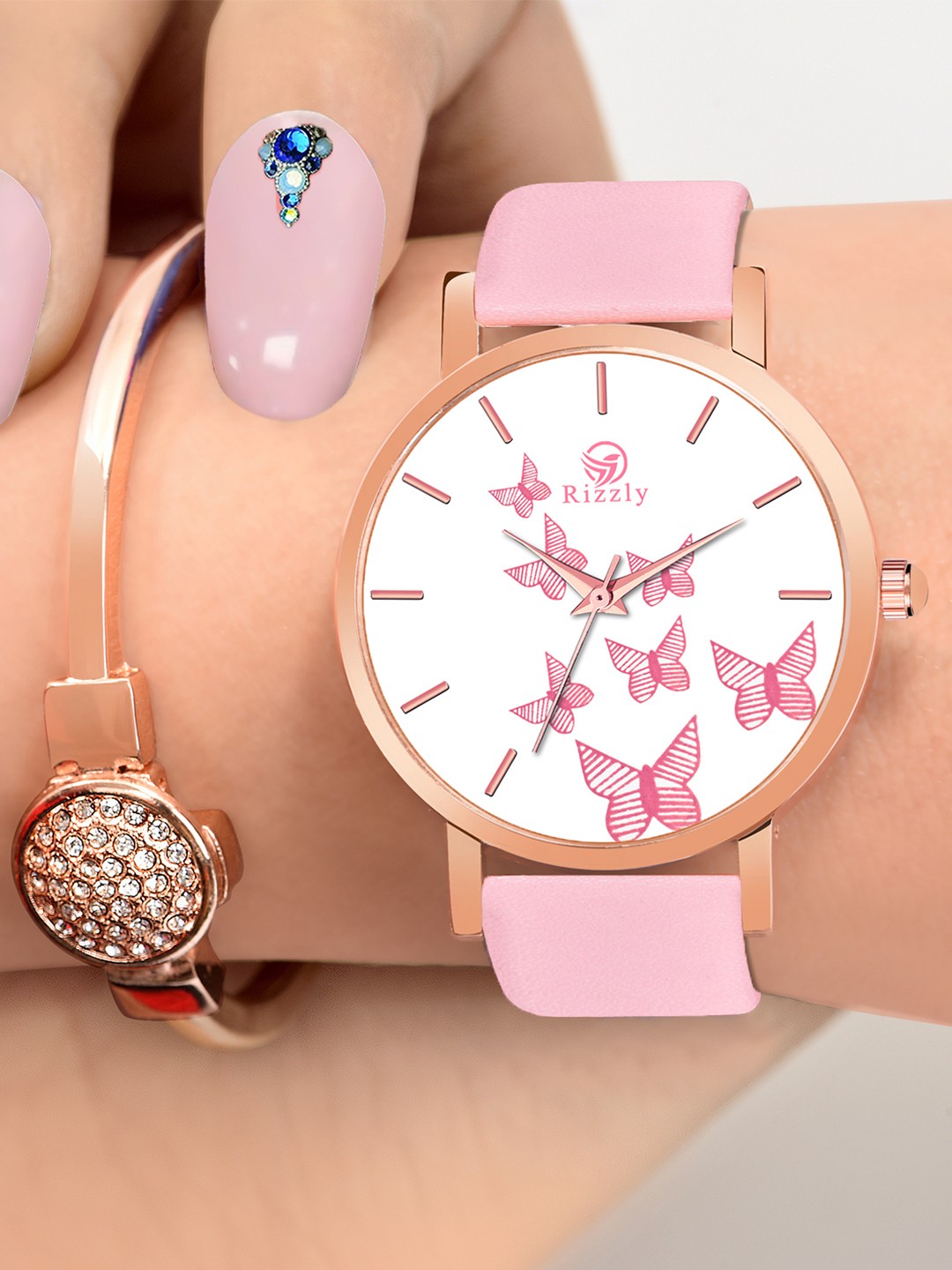

Rizzly Girls Pink Brass Printed Dial & Leather Straps Analogue Watch