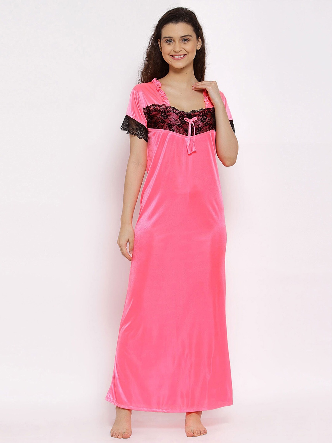 

Fasense Women Pink Solid Satin Maxi Night Dress