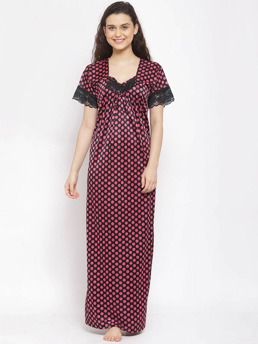 

Fasense Woman Black & Pink Polka dot Printed Maxi Nightdress