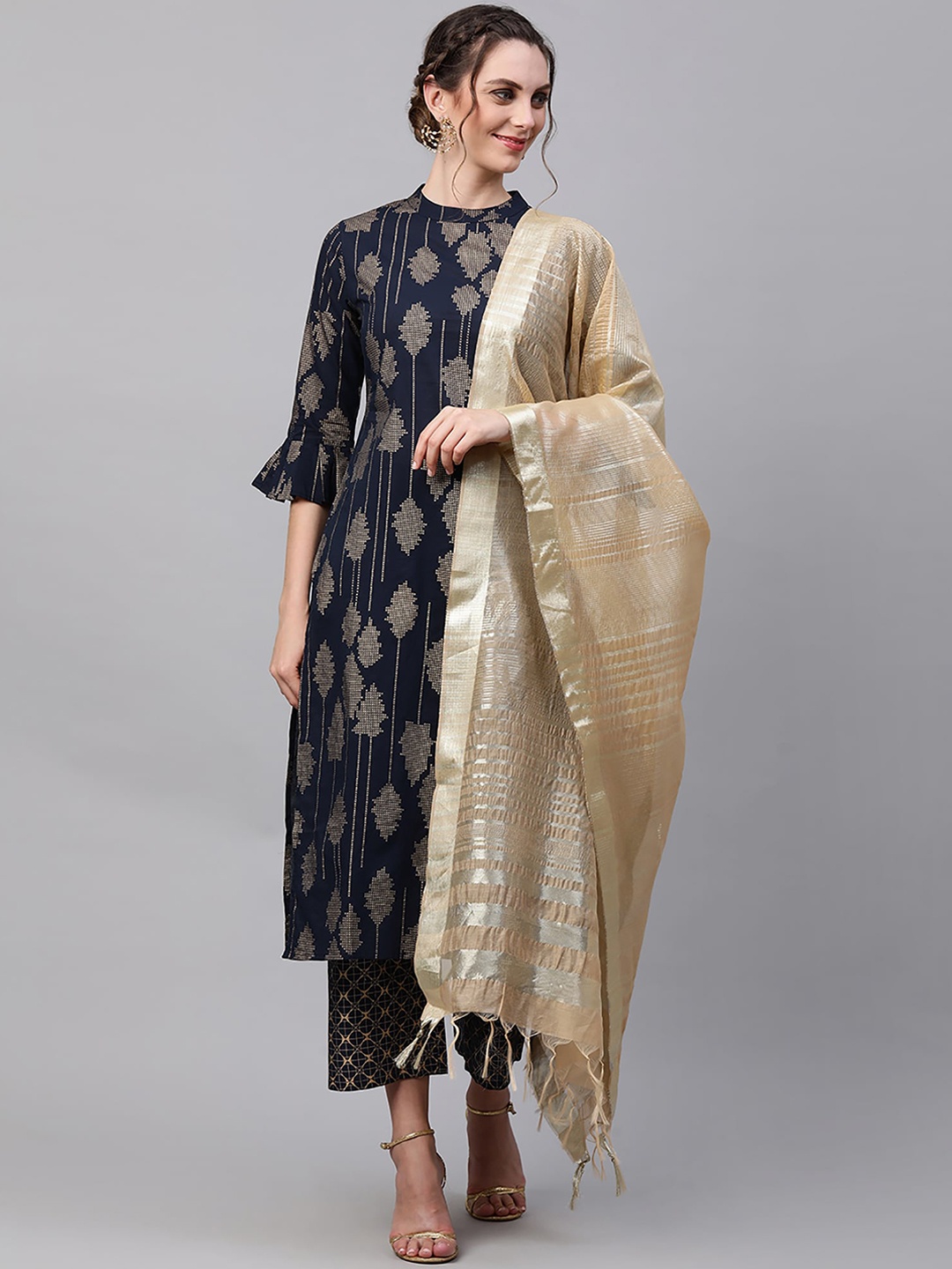 

Indo Era Women Navy Blue Printed Pleated Pure Cotton Kurta with Trousers & With Dupatta