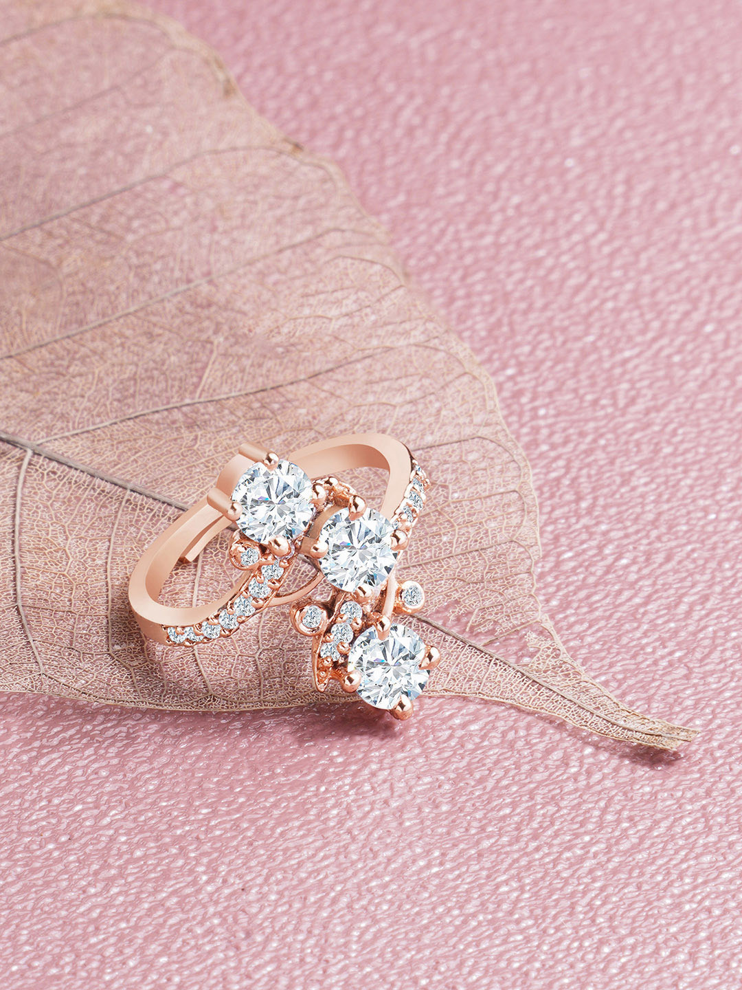 

AMI Rose Gold-Plated White CZ-Studded Adjustable Finger Ring