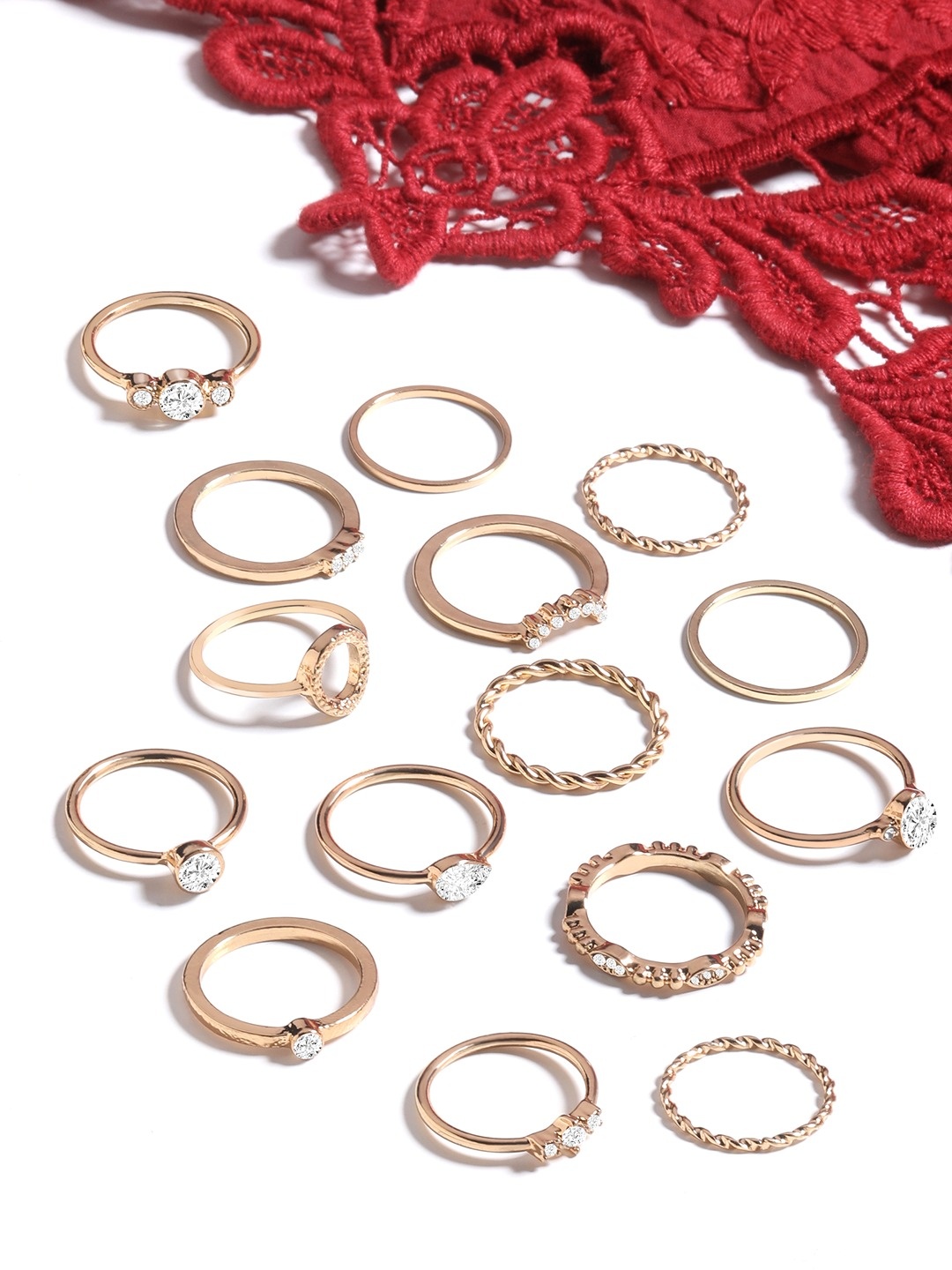 

AMI Women Set Of 15 Gold-Plated White Stone-Studded Stackable Finger Rings