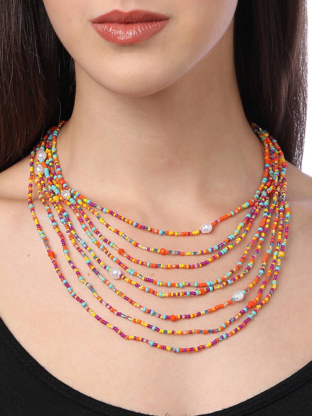 

AMI Women Multicoloured Gold-Plated Beaded Layered Necklace