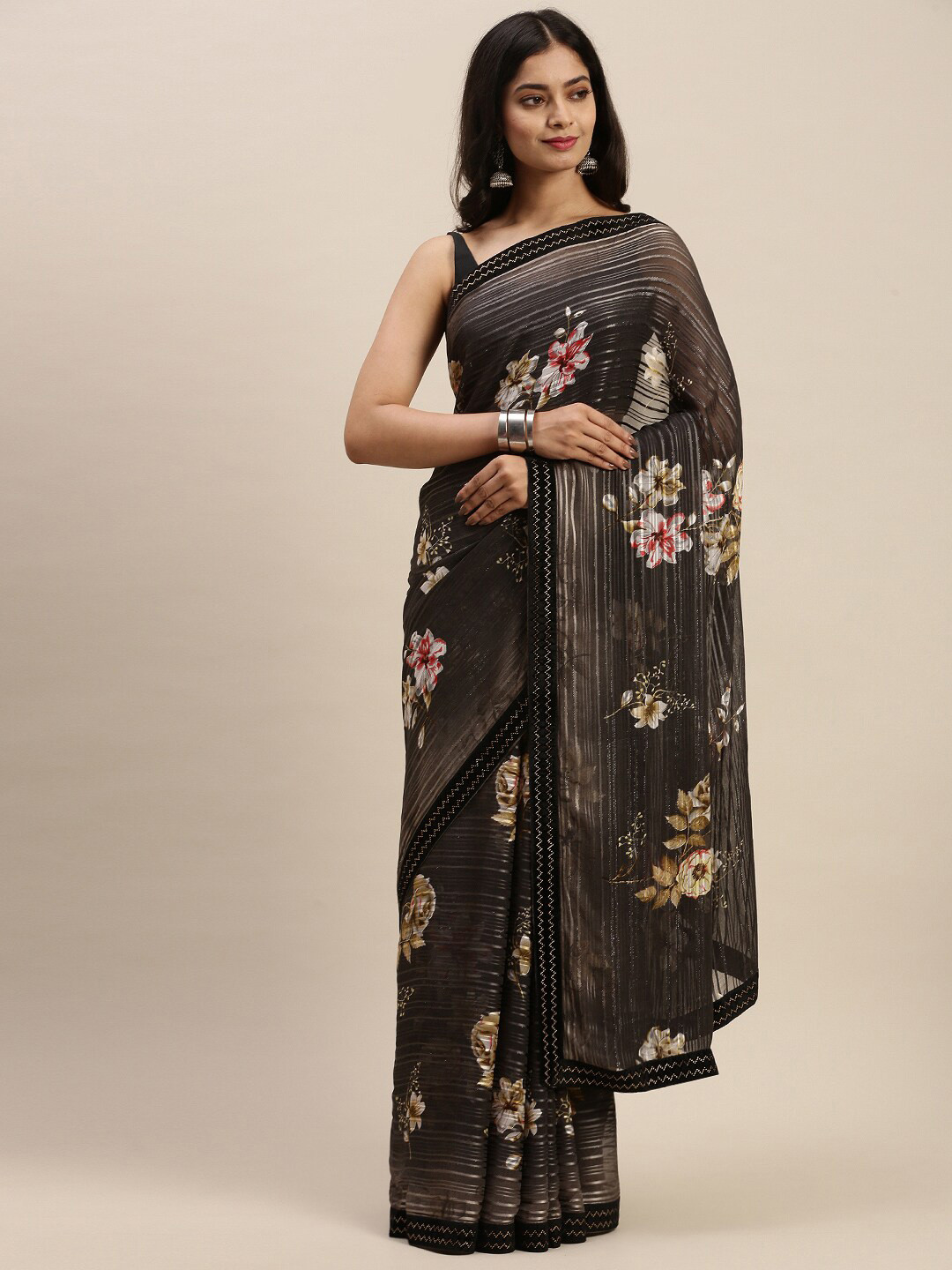 

Soch Grey & Pink Floral Pure Georgette Saree
