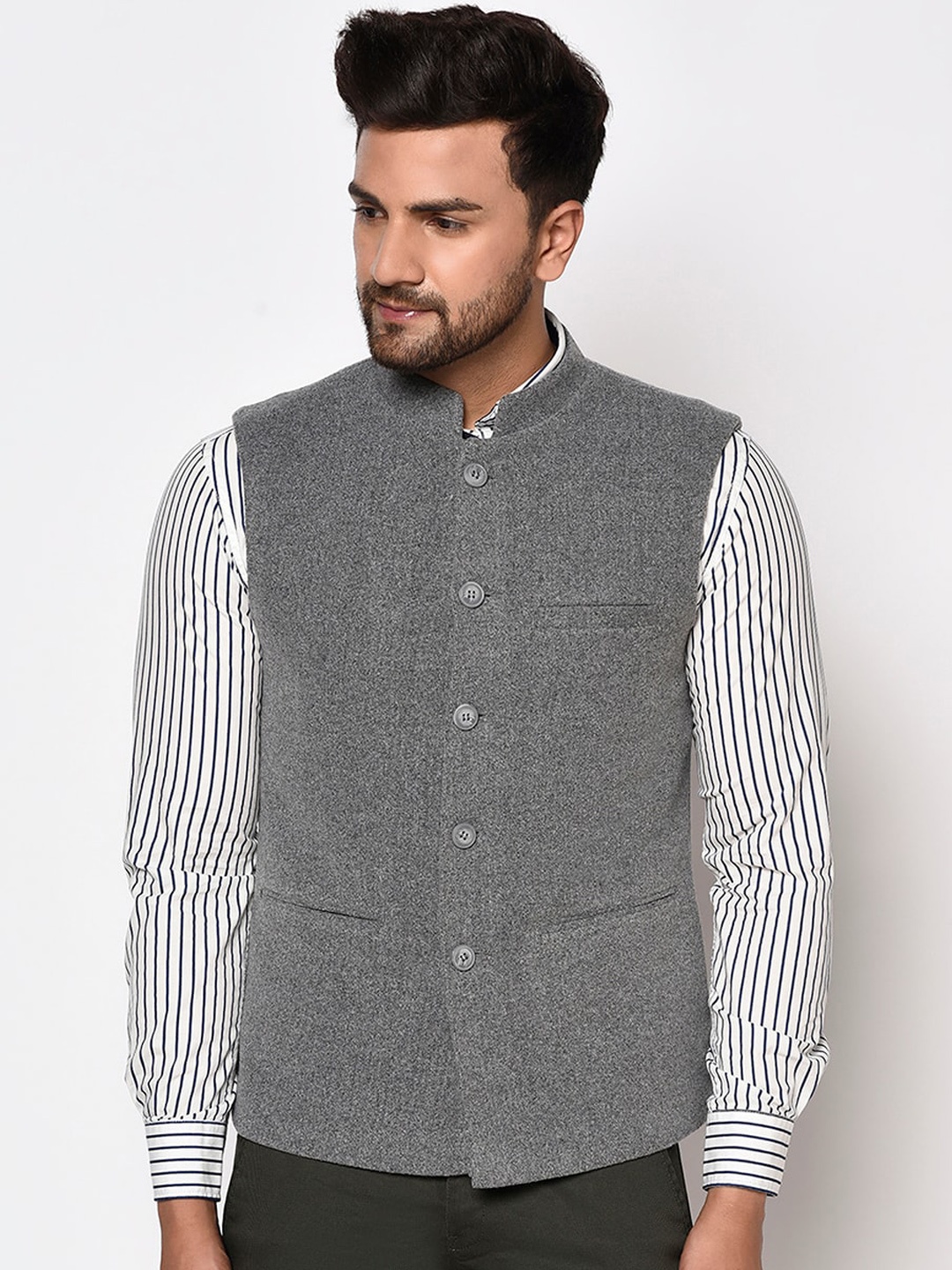 

METTLE Men Grey Melange Solid Nehru Jacket