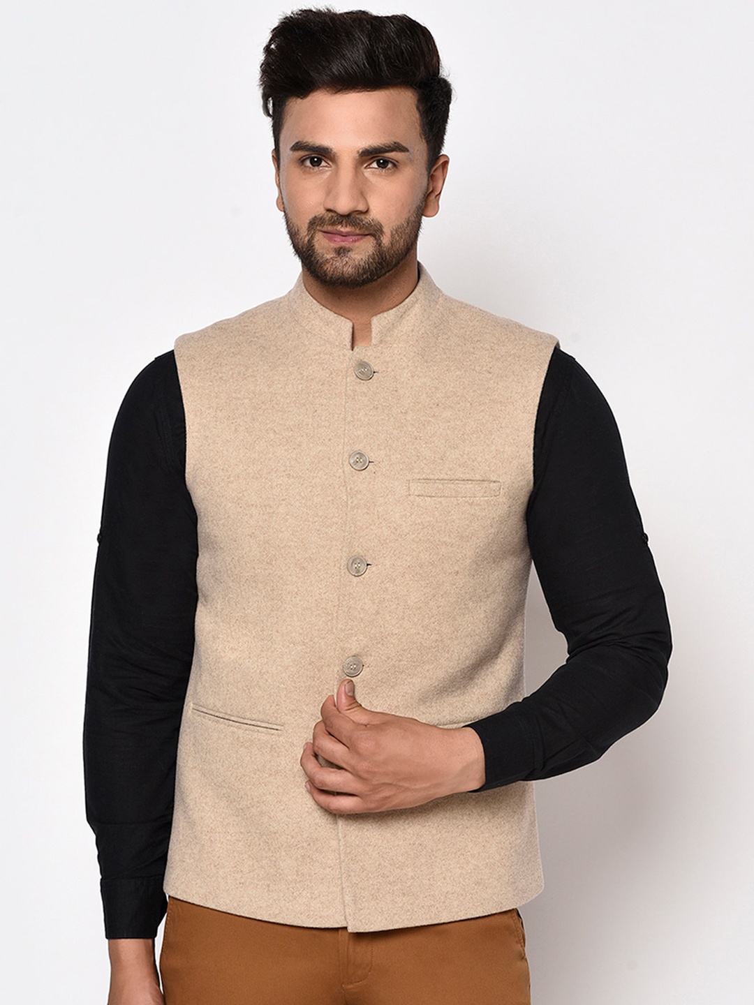 

METTLE Men Cream-Coloured Solid Nehru Jacket