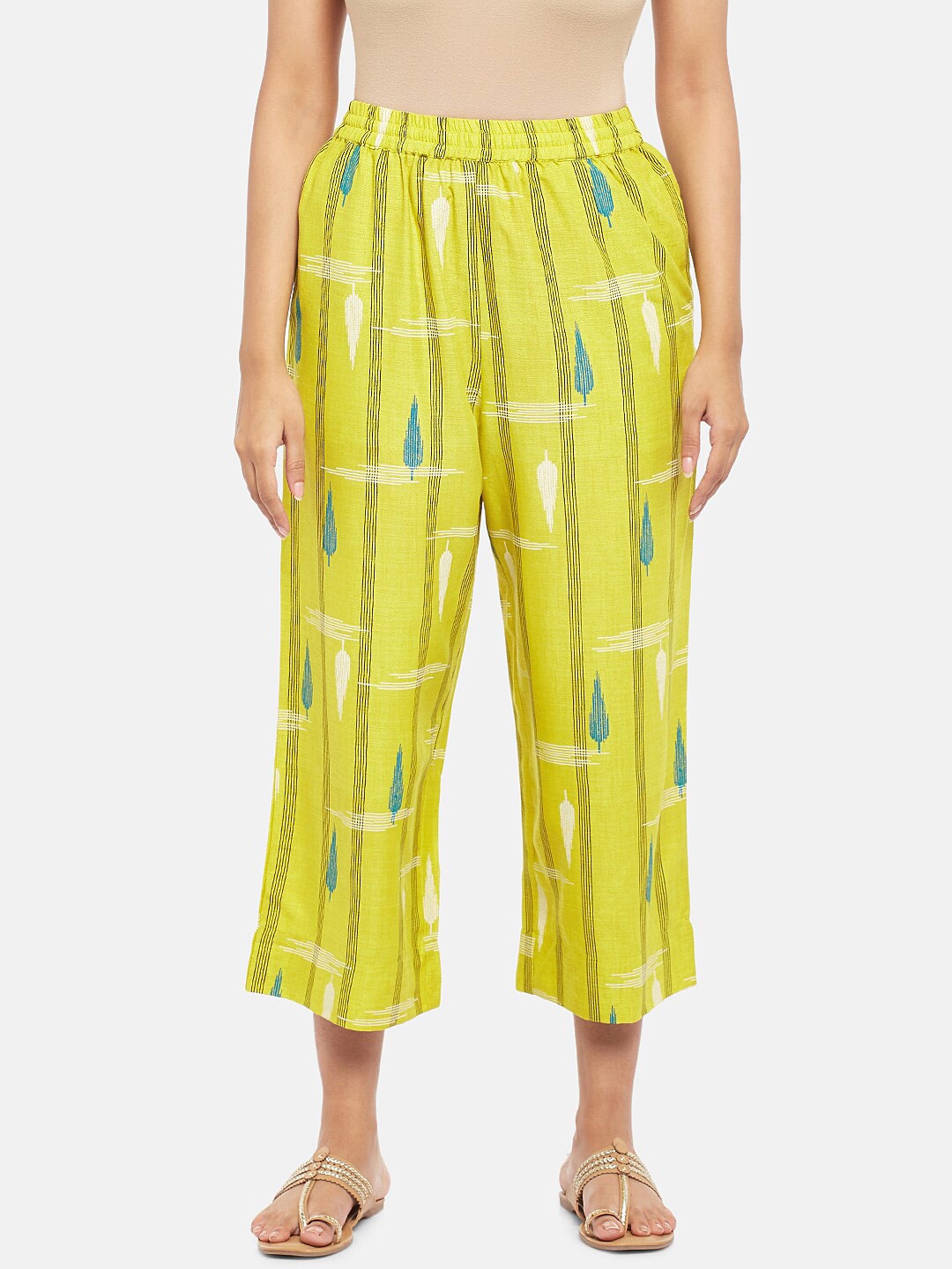 

RANGMANCH BY PANTALOONS Women Lime Green & Blue Striped Cropped Ethnic Palazzos