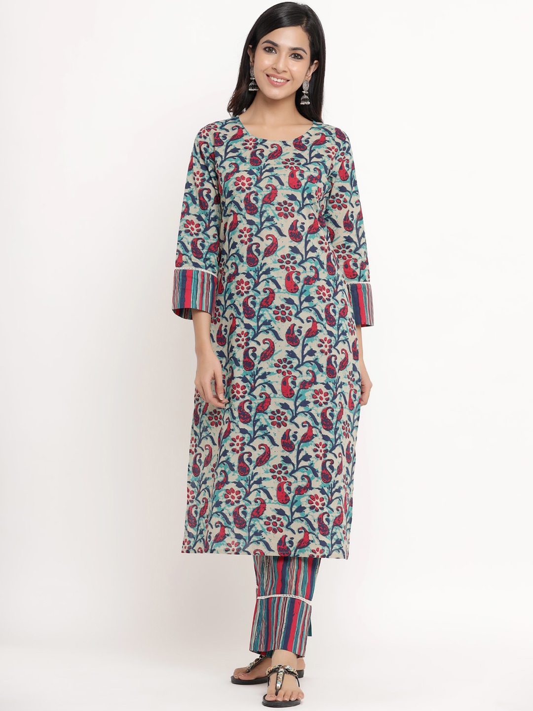 

Aprique FAB Women Beige Floral Printed Pure Cotton Kurta with Trousers
