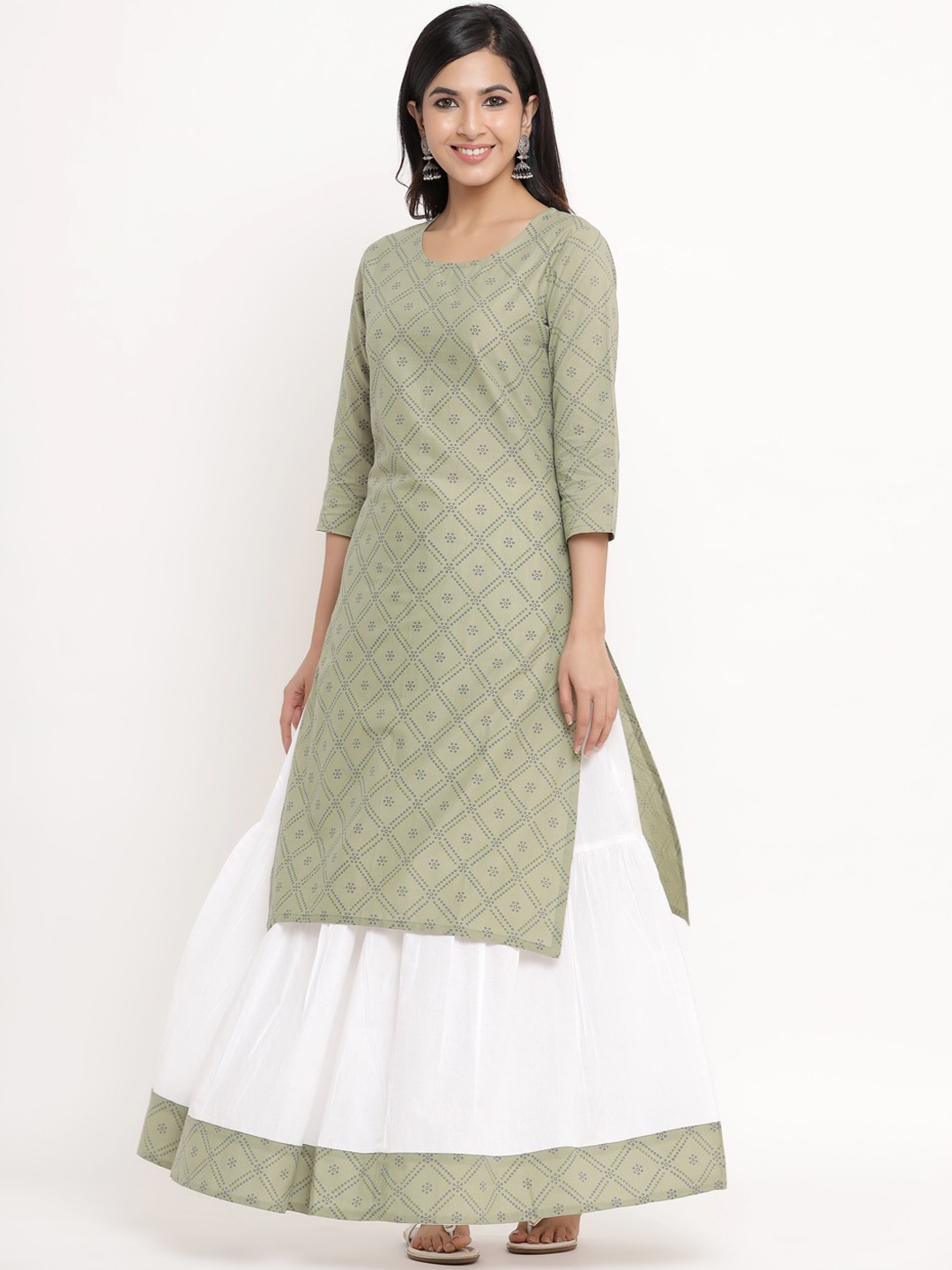 

Aprique FAB Women Green Bandhani Printed Pure Cotton Kurta with Skirt