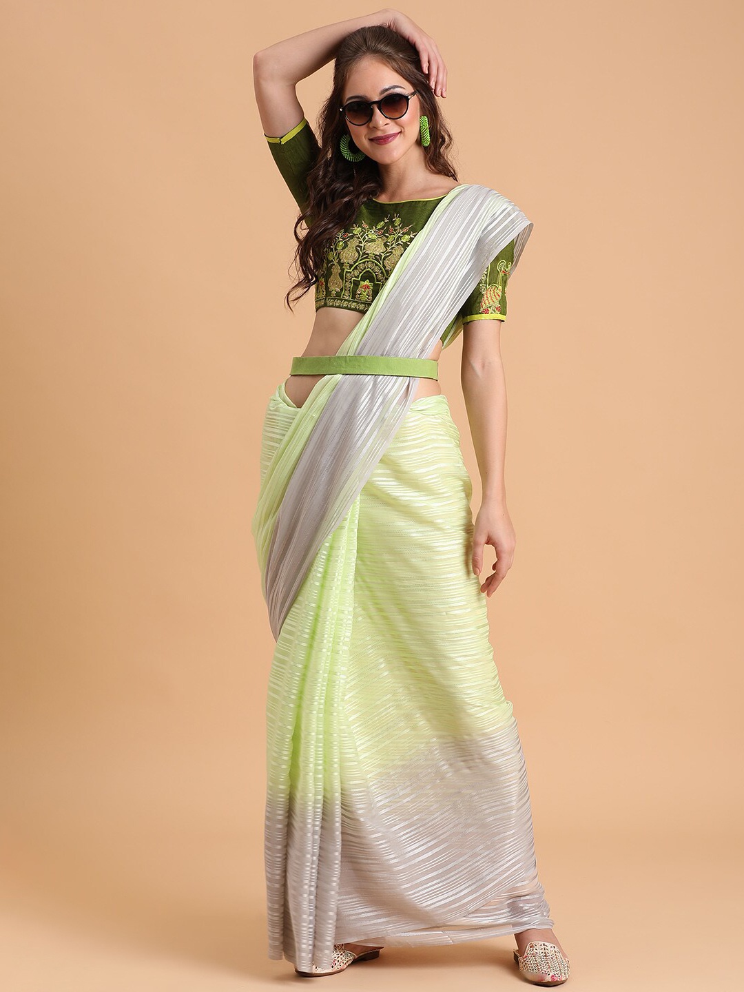 

Sangria Sea Green & Grey Striped Sequinned Silk Blend Saree