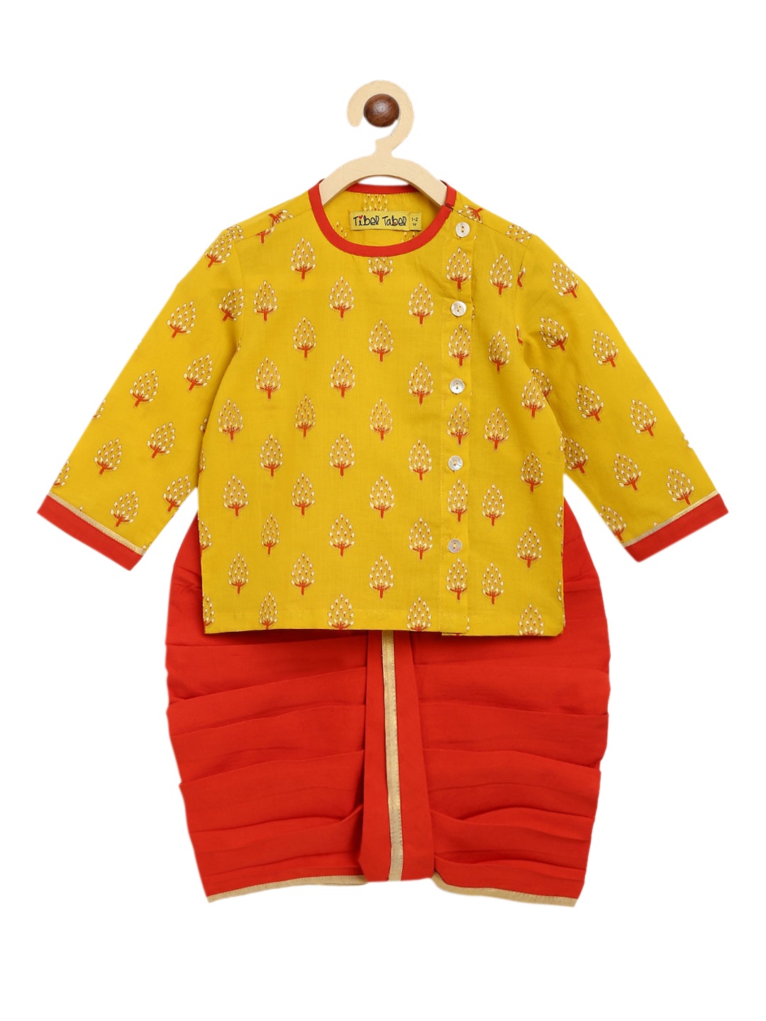 

Tiber Taber Boys Yellow Ethnic Motifs Printed Pure Cotton Kurta with Dhoti Pants