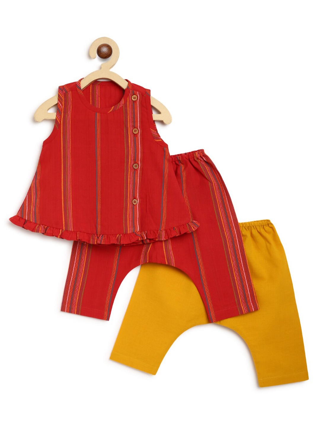 

Tiber Taber Girls Red & Yellow Striped Pure Cotton Top With Two Pyjamas