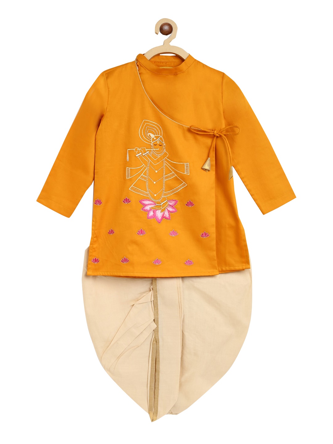 

Tiber Taber Boys Mustard Yellow Embroidered Angrakha Pure Cotton Kurta with Dhoti Pants