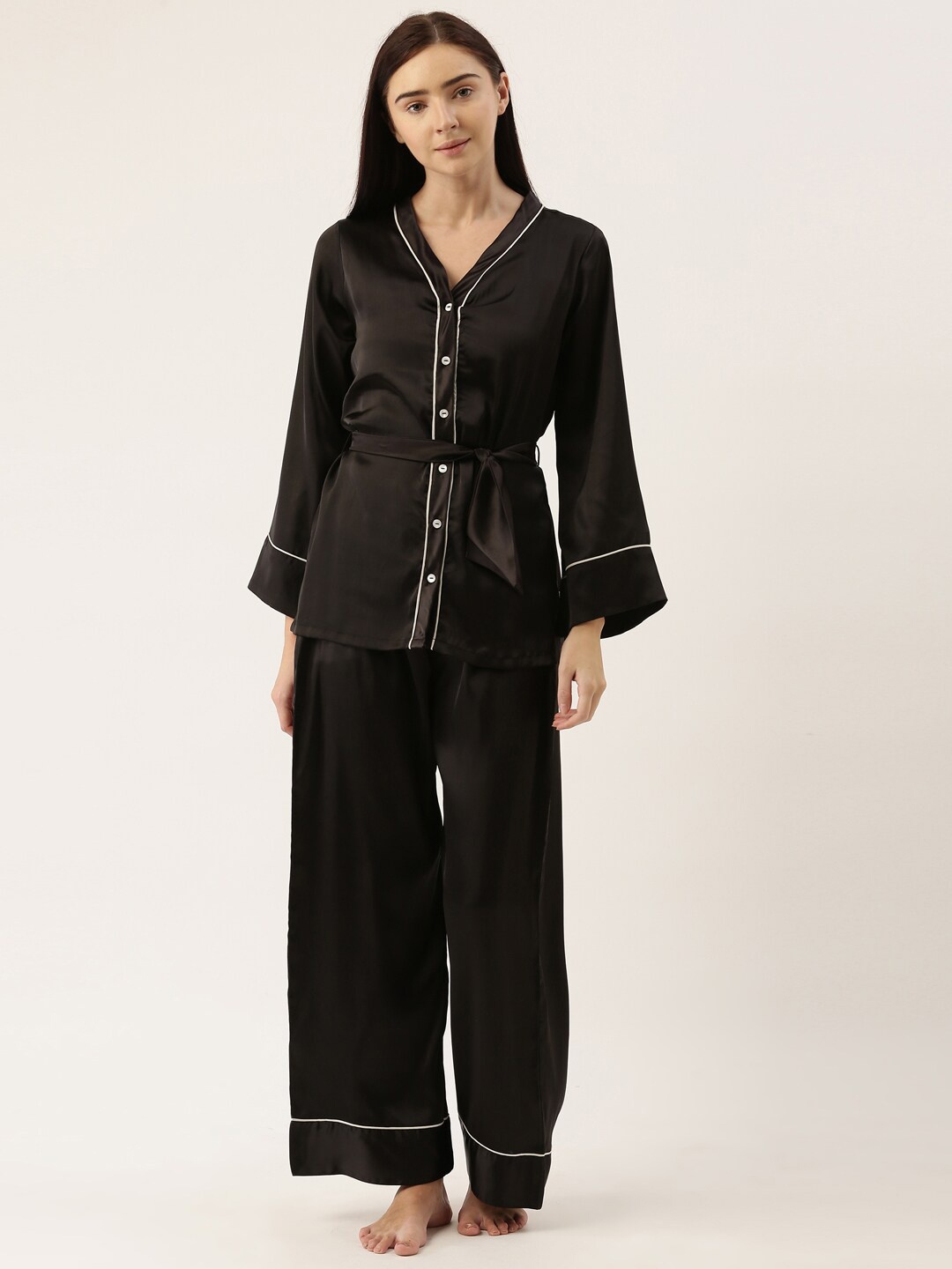 

Bannos Swagger Women Black Solid Satin Night Suit