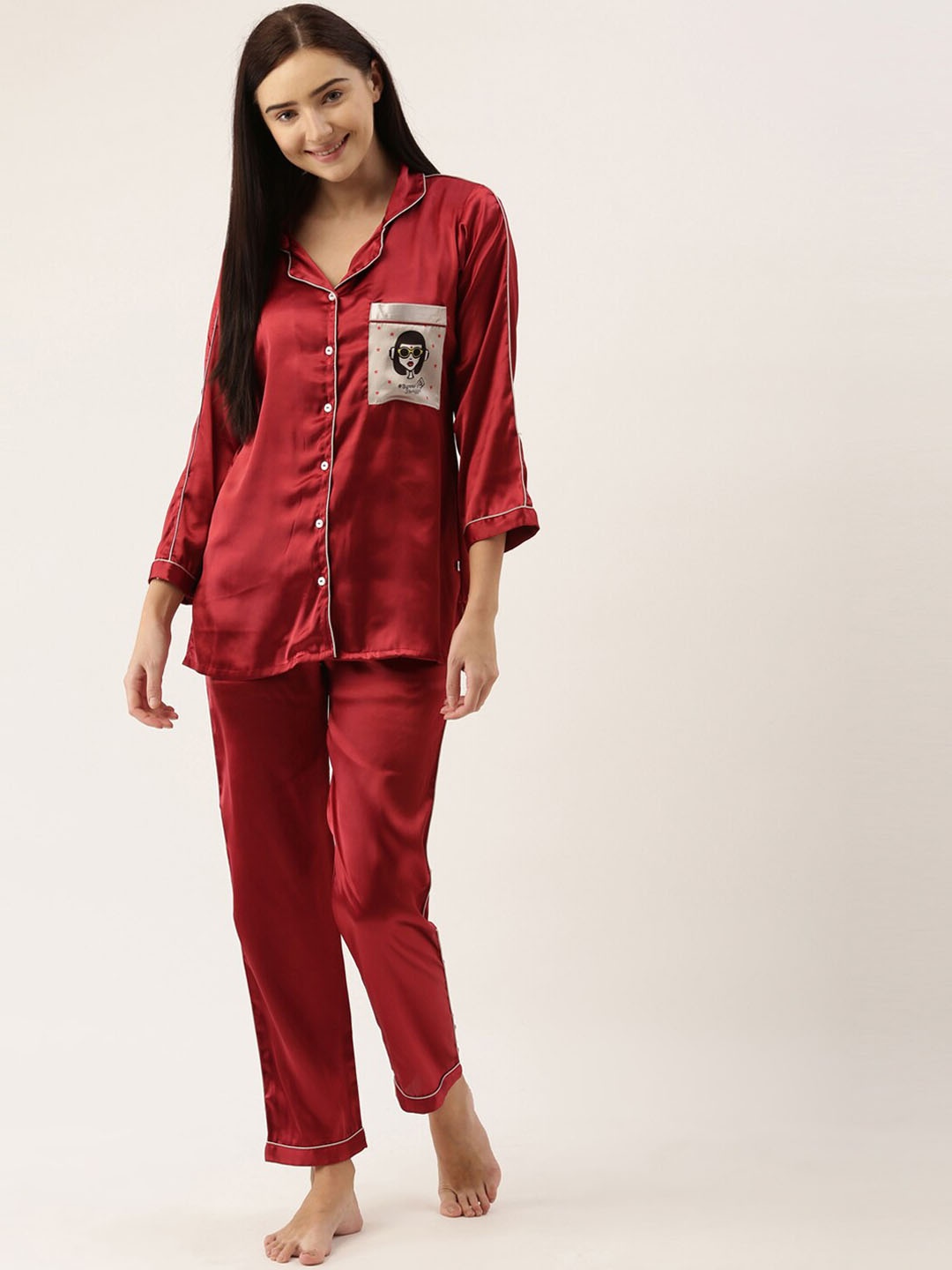 

Bannos Swagger Women Maroon & White Solid Night Suit
