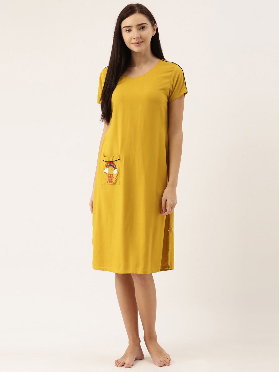 

Bannos Swagger Women Mustard Solid Maxi Nightdress