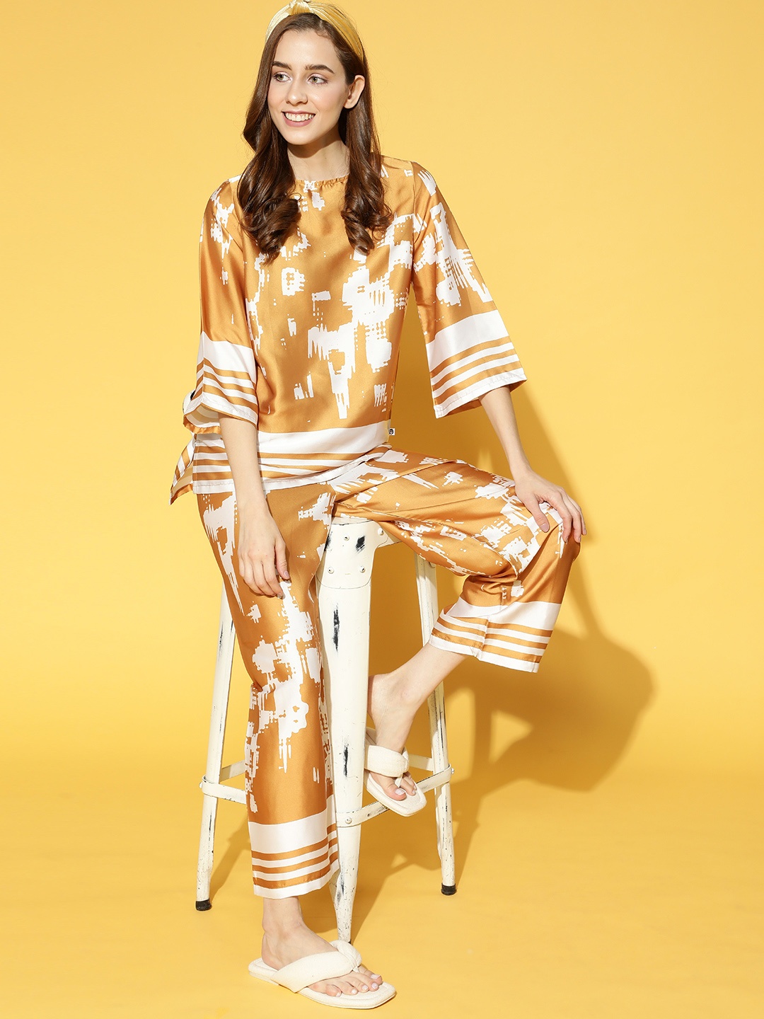 

Bannos Swagger Women Stylish Mustard Abstract Printed Night Suit