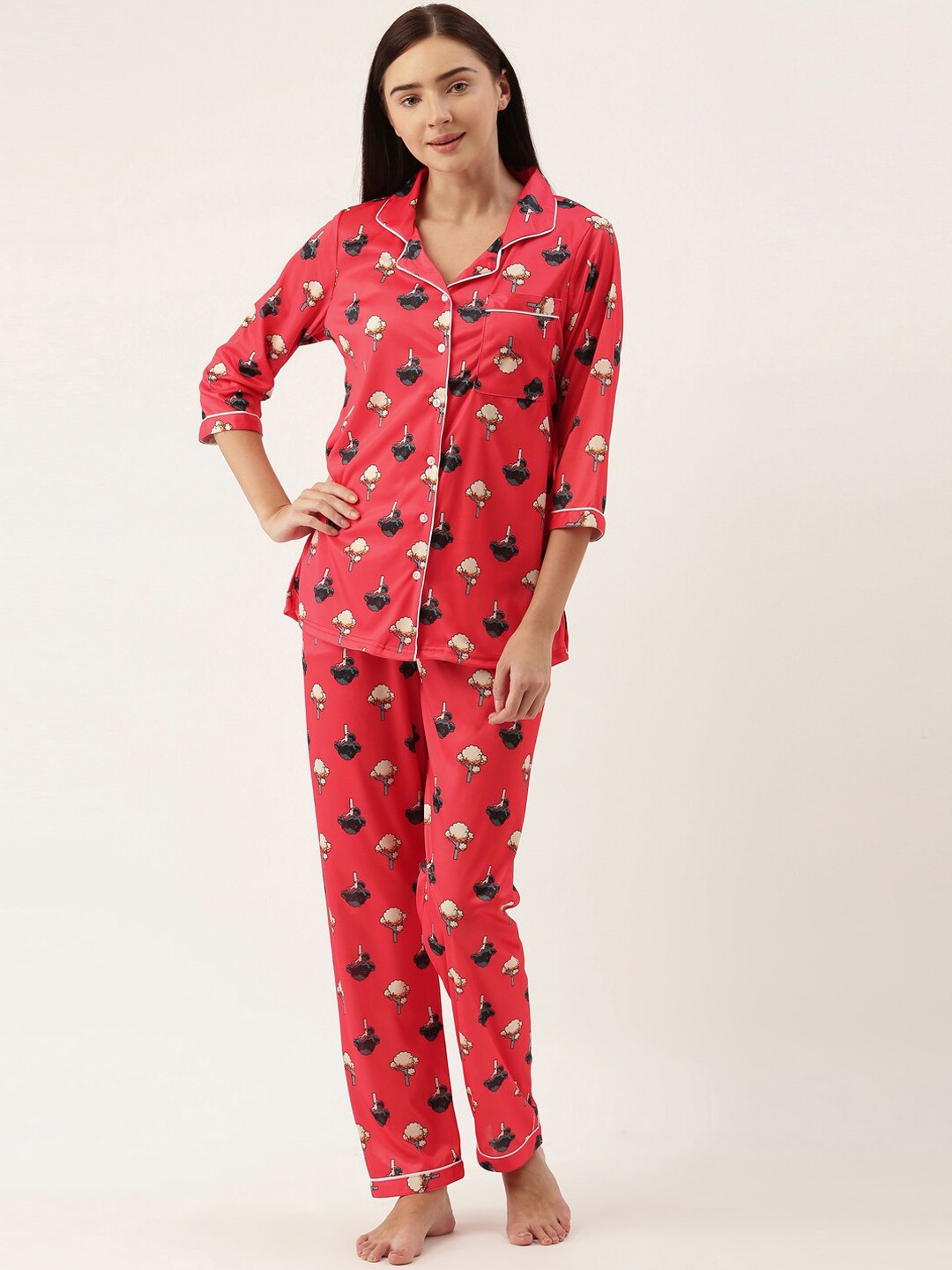 

Bannos Swagger Women Red & Black Printed Night Suit