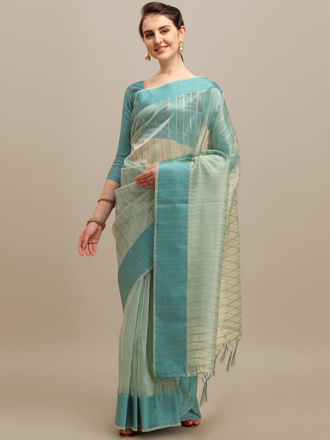 

RAJGRANTH Blue Striped Zari Organza Banarasi Saree