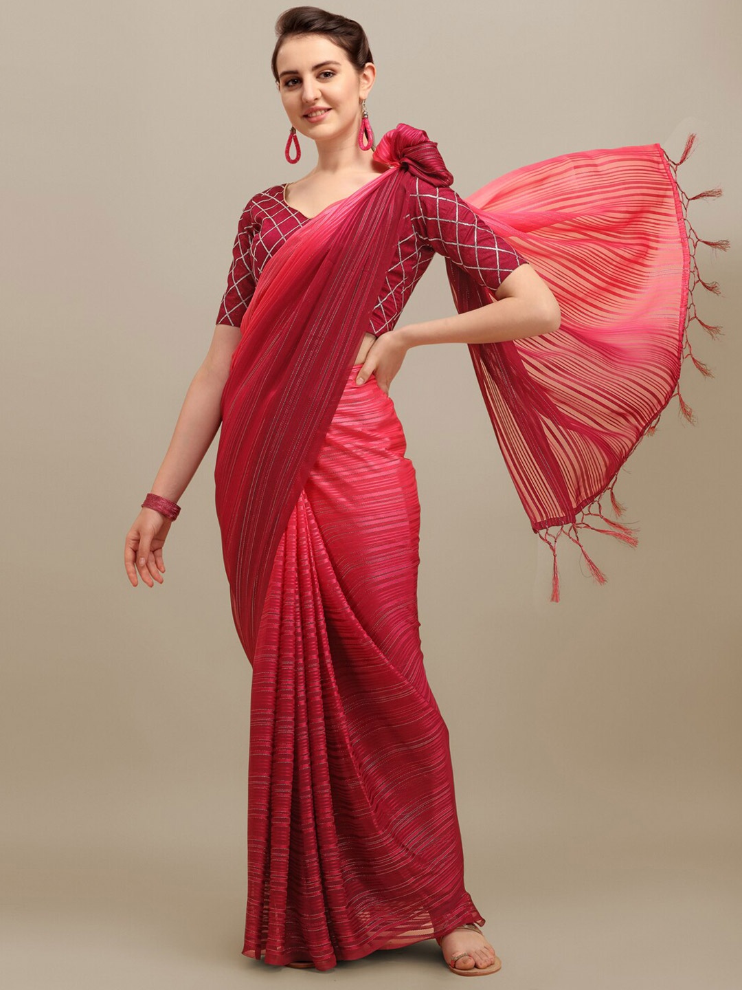 

RAJGRANTH Pink Striped Sequinned Silk Blend Banarasi Saree