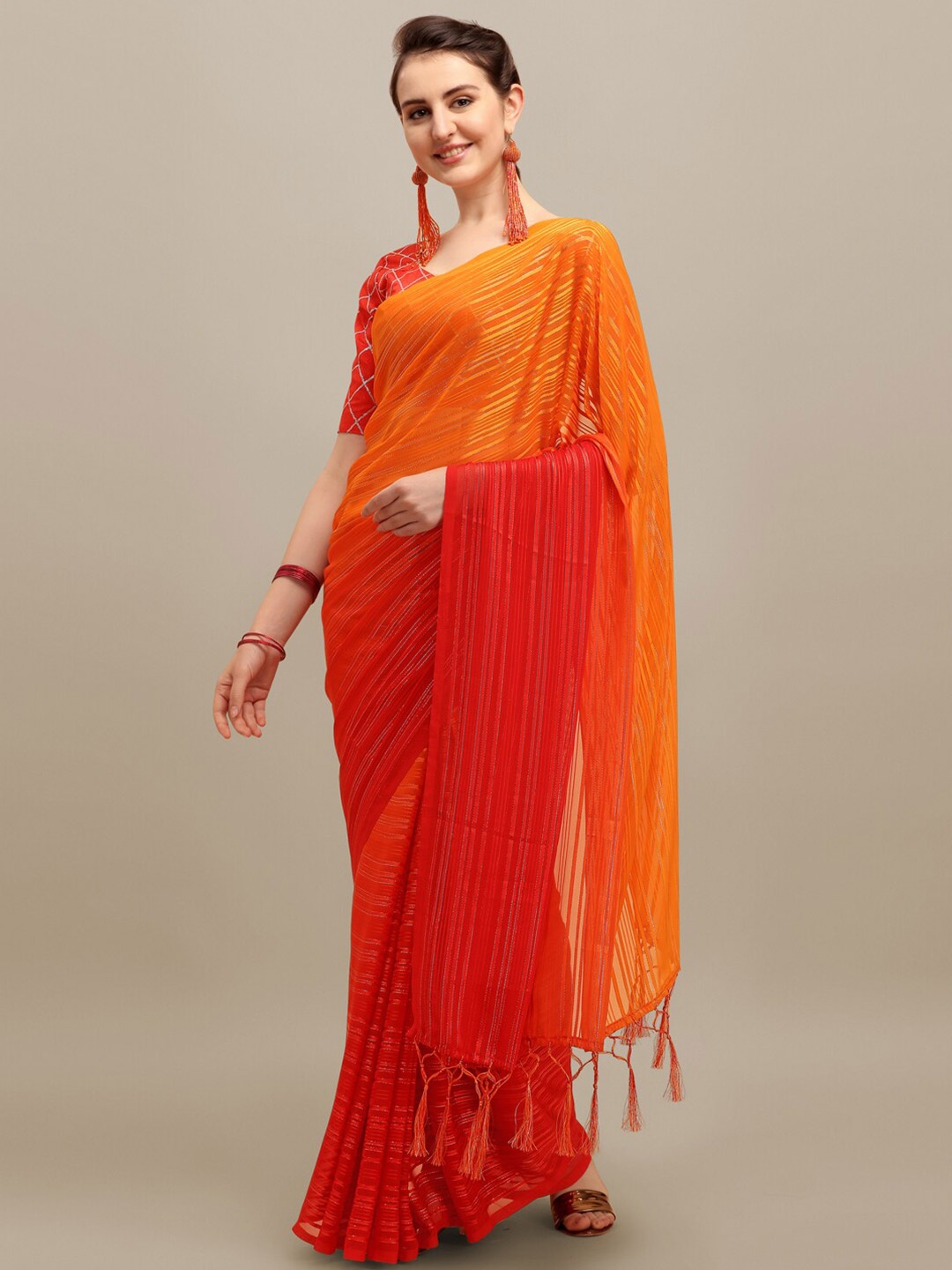 

RAJGRANTH Red & Orange Striped Zari Silk Blend Saree