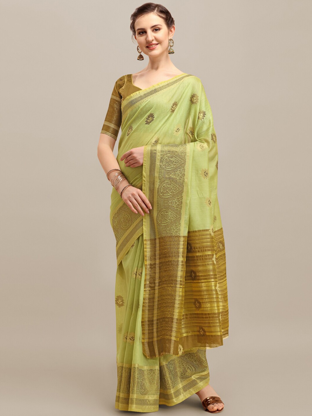 

RAJGRANTH Green & Brown Floral Zari Linen Blend Saree
