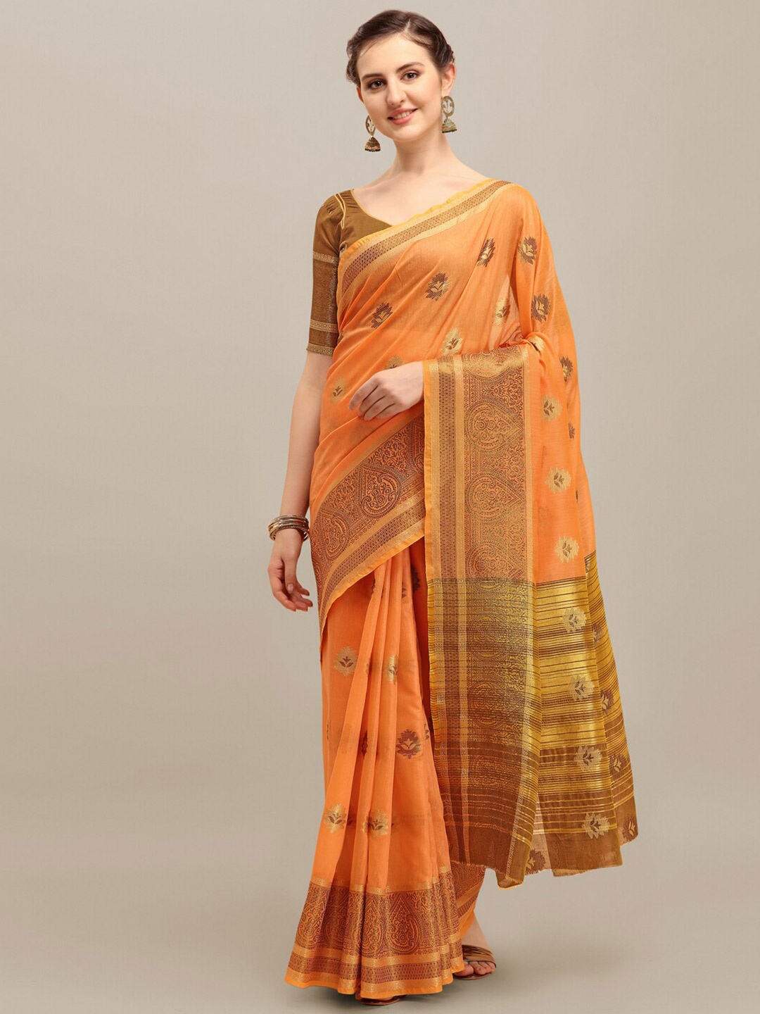 

RAJGRANTH Orange & Brown Ethnic Motifs Zari Linen Blend Banarasi Saree