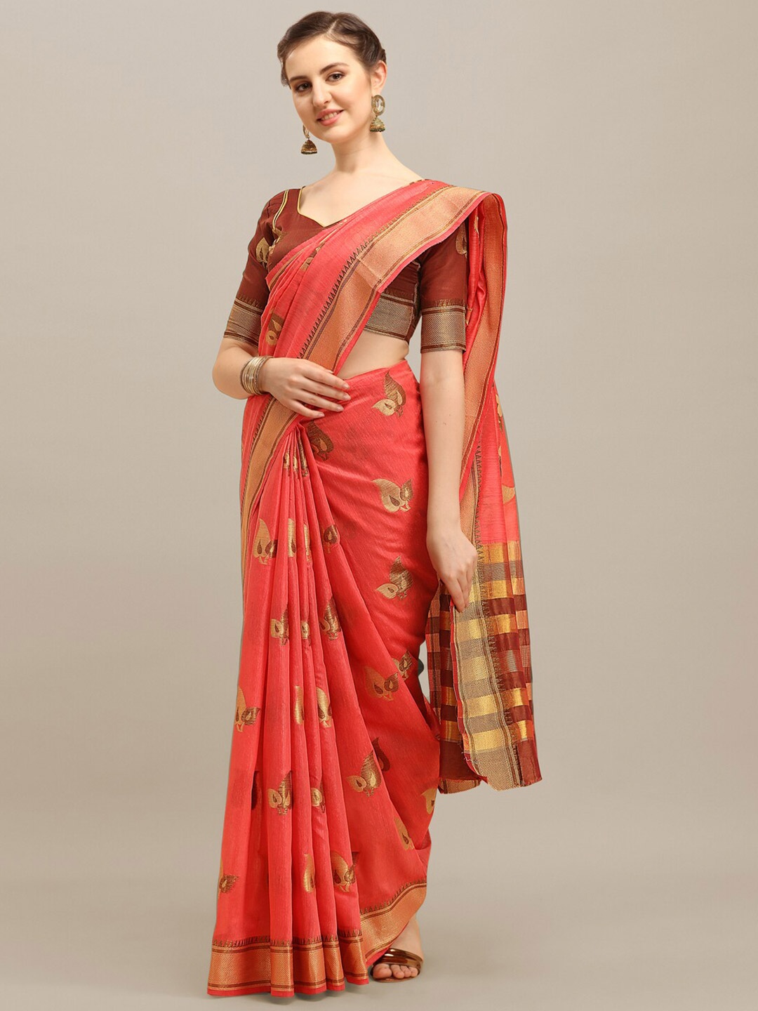 

RAJGRANTH Pink & Brown Floral Zari Linen Blend Saree