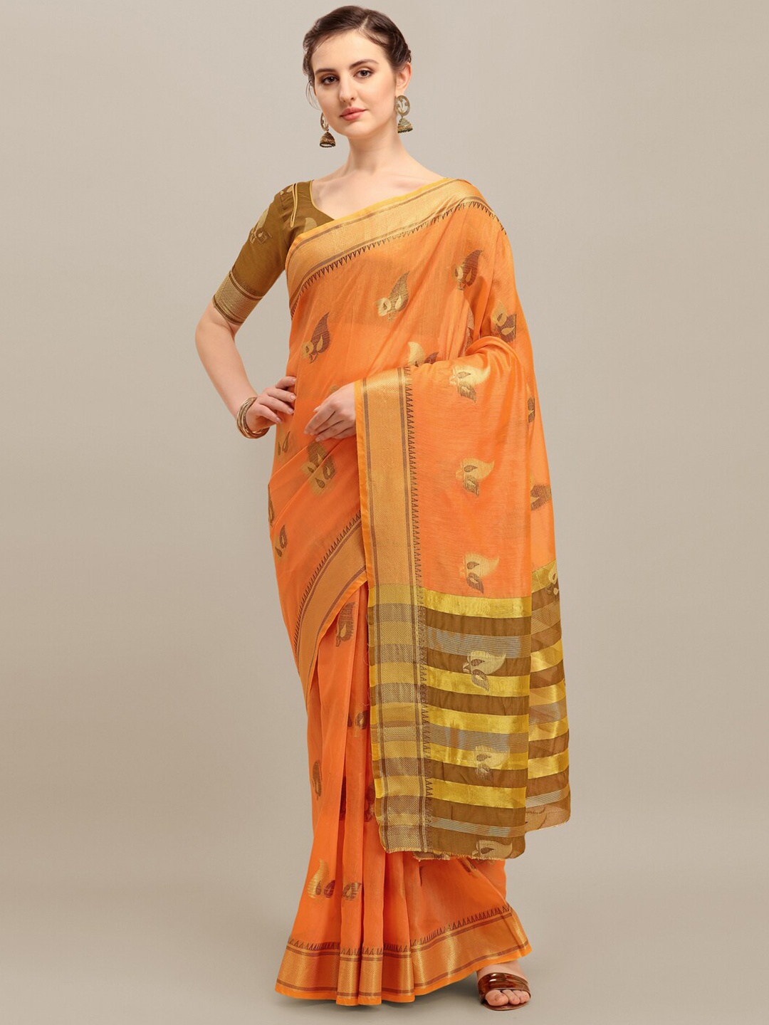 

RAJGRANTH Orange & Gold-Toned Ethnic Motifs Zari Linen Blend Banarasi Saree