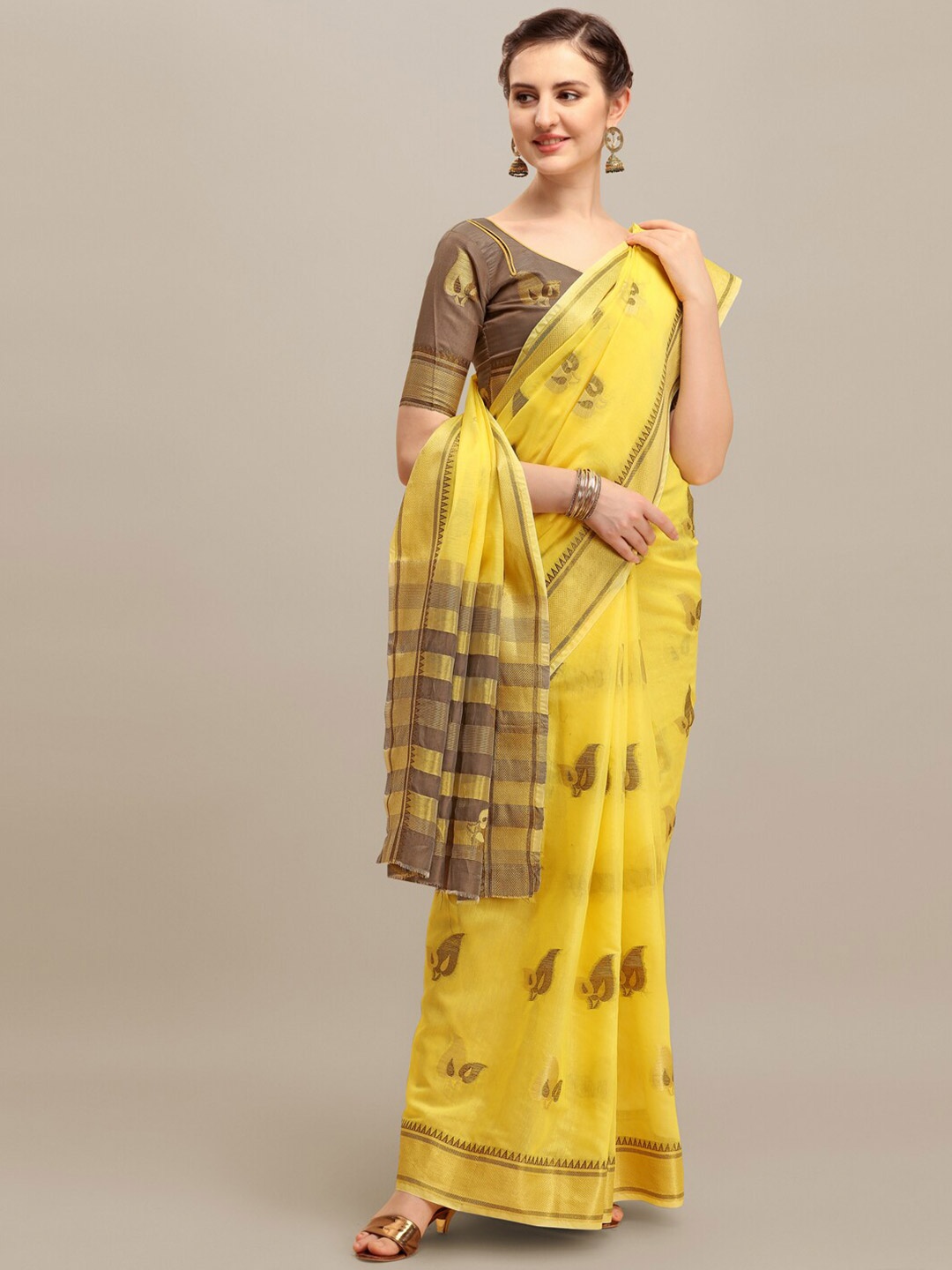 

RAJGRANTH Yellow & Grey Ethnic Motifs Zari Linen Blend Banarasi Saree