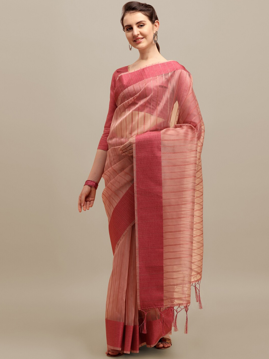 

RAJGRANTH Pink Striped Zari Organza Saree