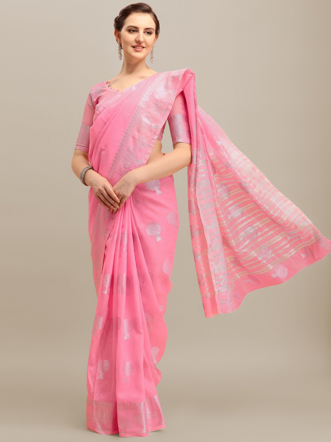 

RAJGRANTH Pink & Silver-Toned Ethnic Motifs Zari Silk Cotton Banarasi Saree