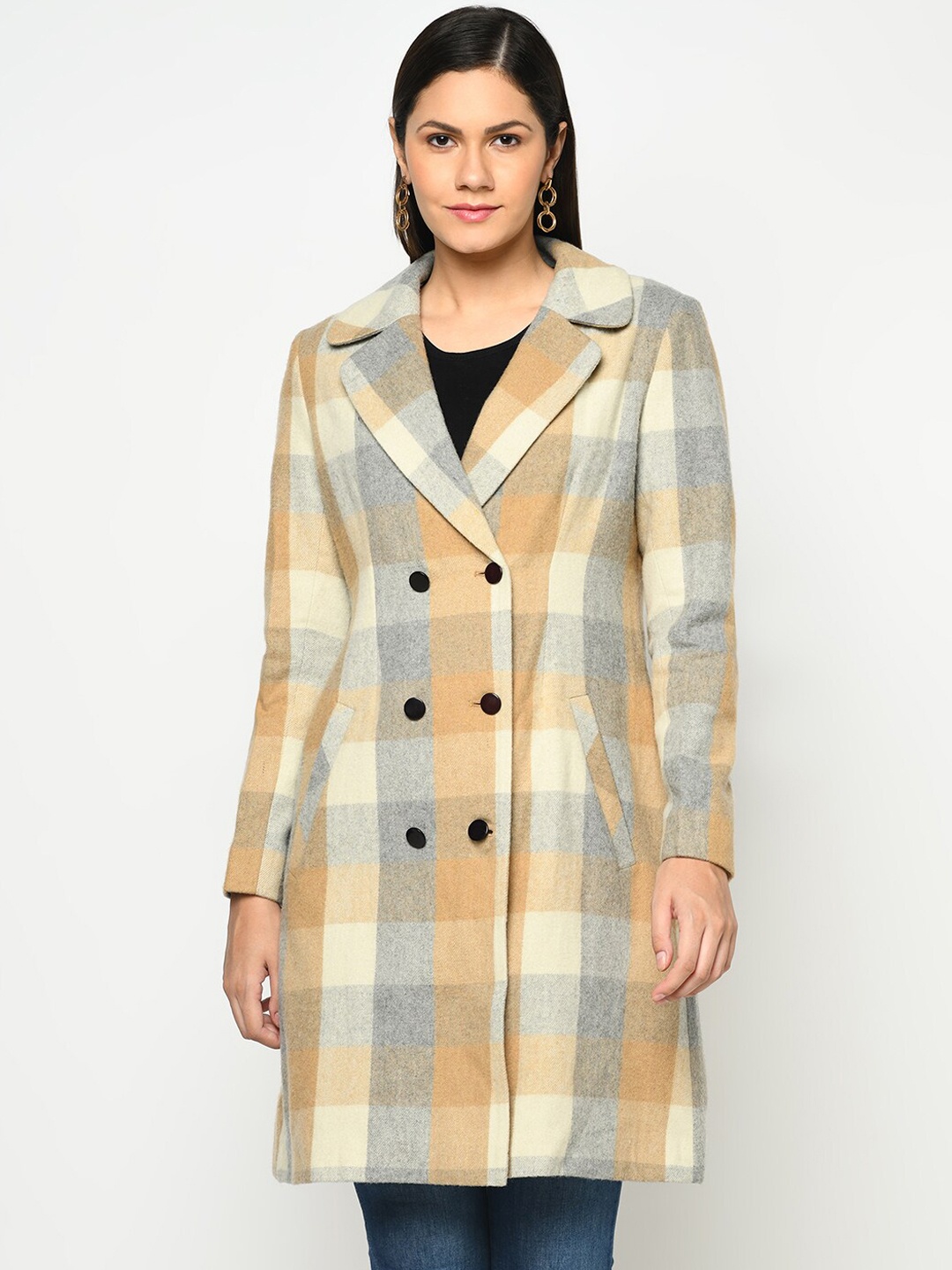 

Owncraft Women Camel Brown & Grey Checked Woolen Overcoat