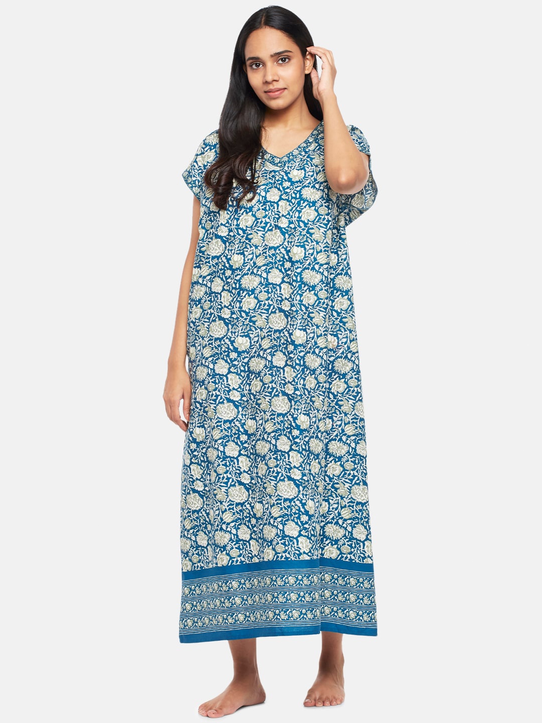 

RANGMANCH BY PANTALOONS Blue Printed Cotton Maxi Nightdress