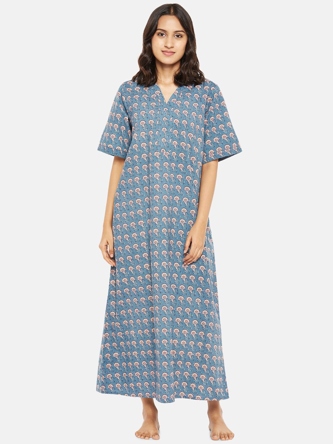 

RANGMANCH BY PANTALOONS Blue Printed Maxi Nightdress