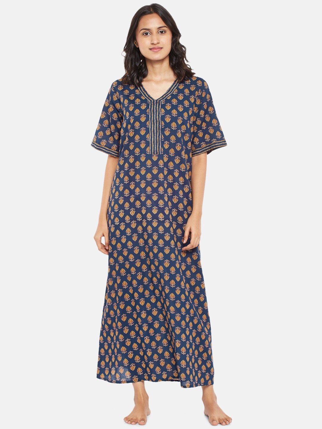 

RANGMANCH BY PANTALOONS Blue Printed Cotton Maxi Nightdress
